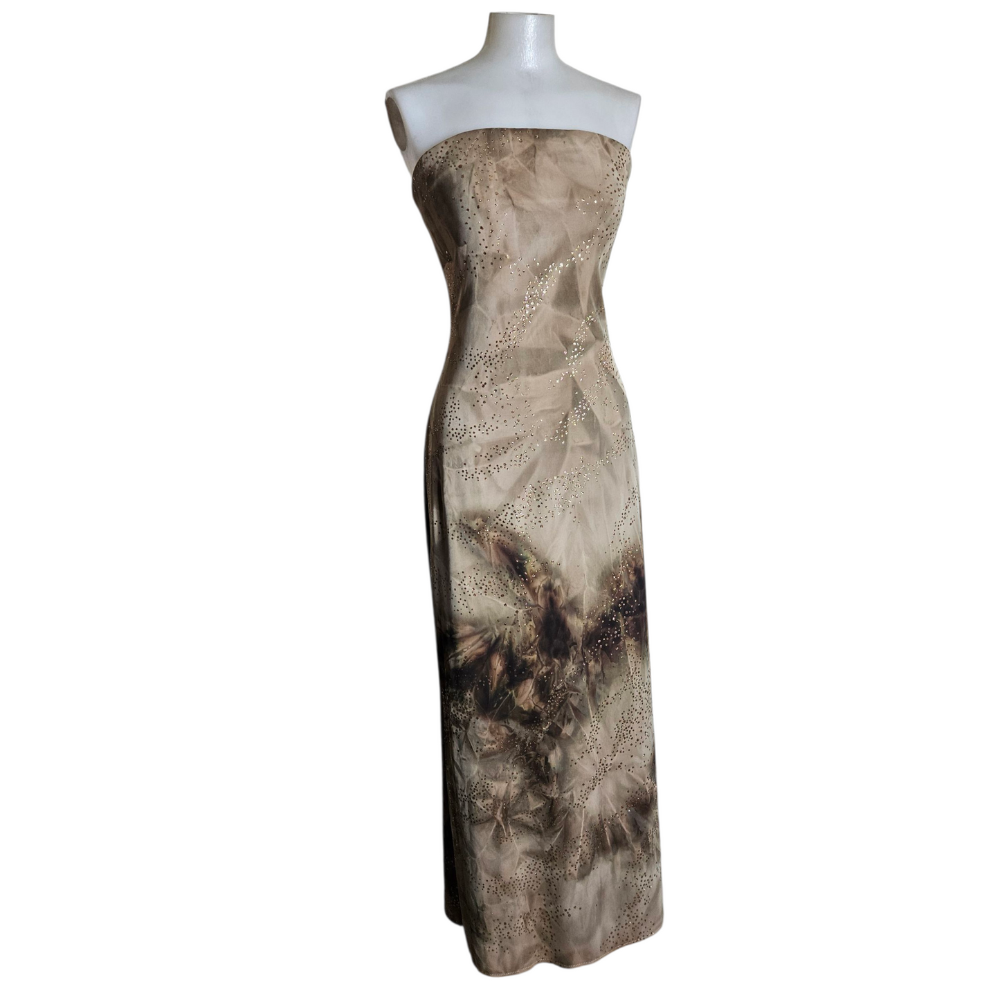 Brown tie-dye strapless dress with gold rhinestones