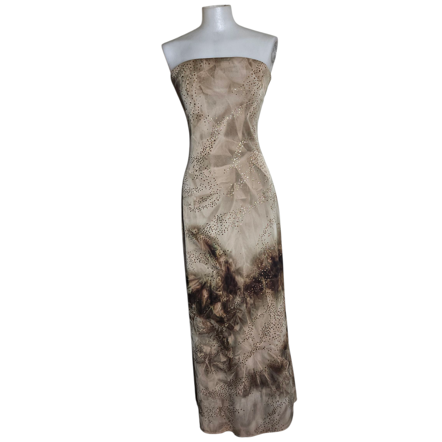 Brown tie-dye strapless dress with gold rhinestones