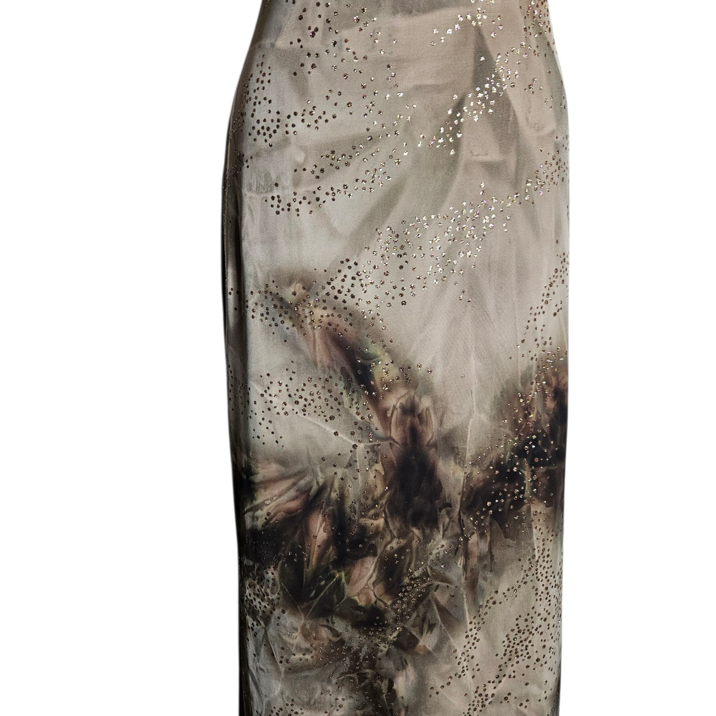 Brown tie-dye strapless dress with gold rhinestones