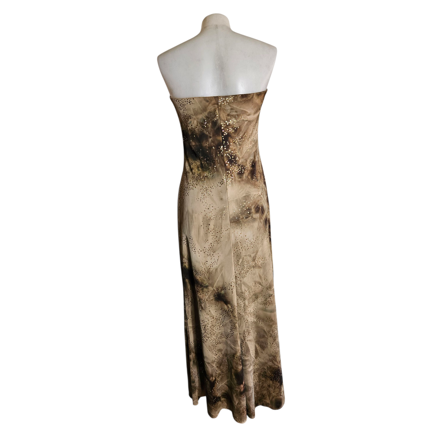 Brown tie-dye strapless dress with gold rhinestones