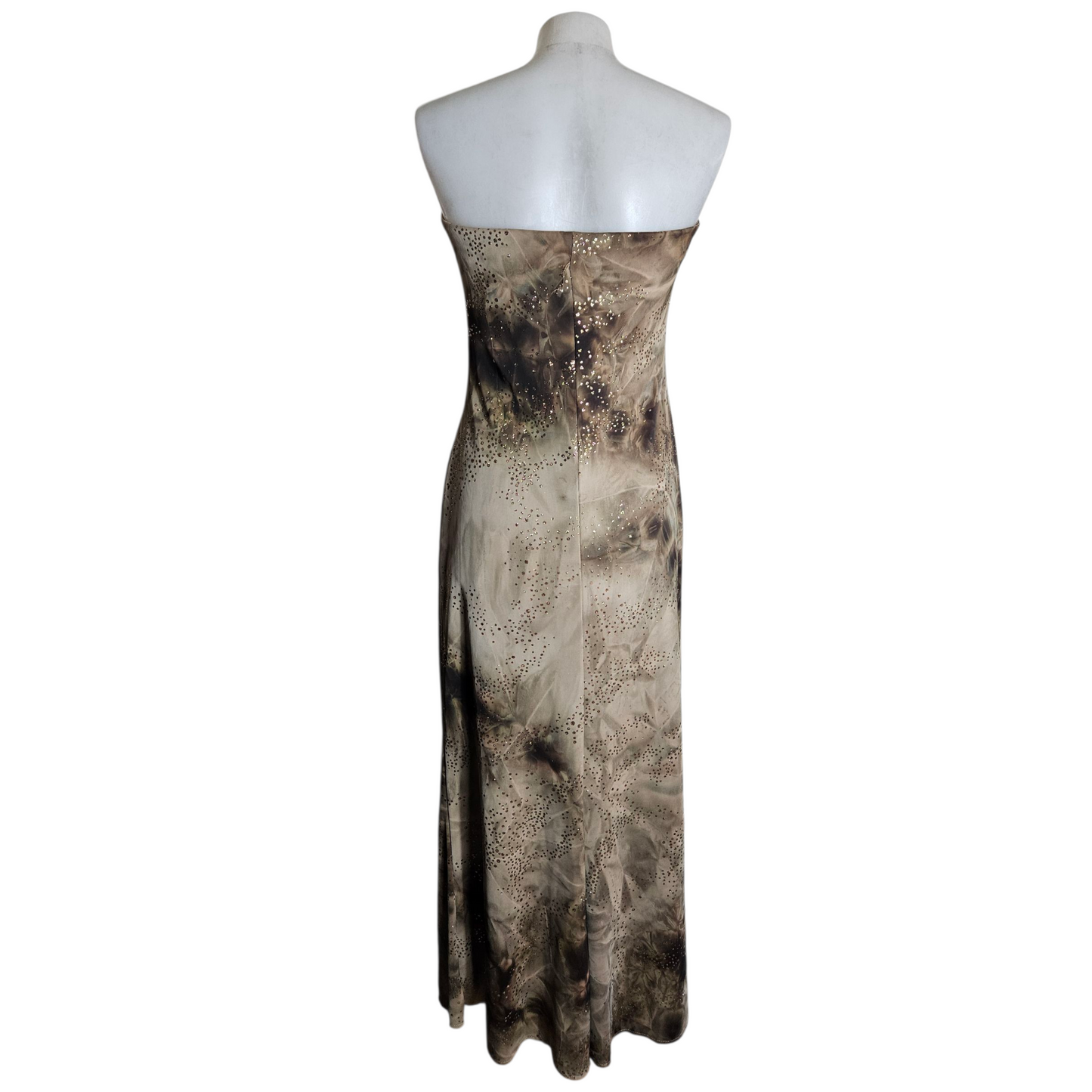 Brown tie-dye strapless dress with gold rhinestones