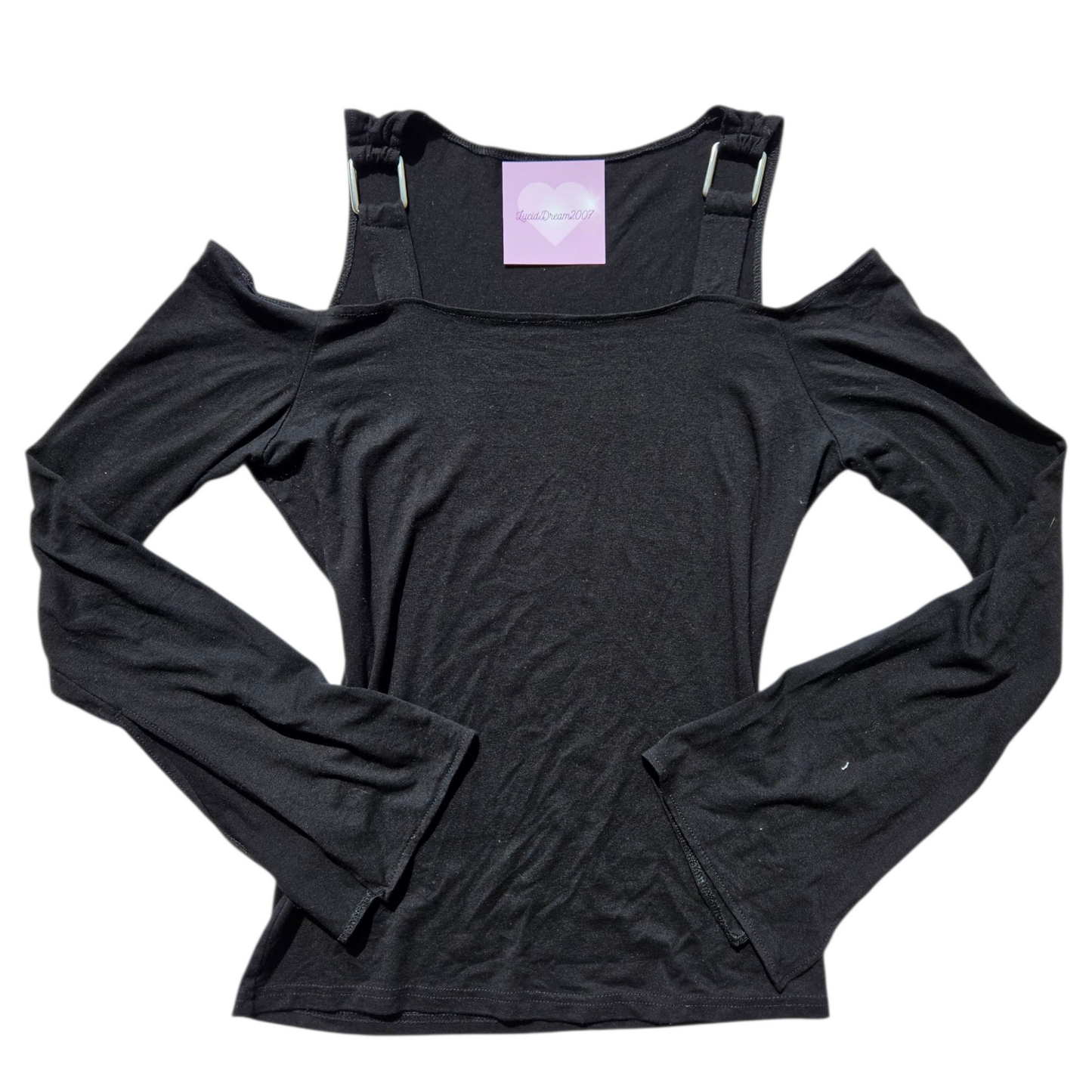 Black fitted top with cutout shoulders