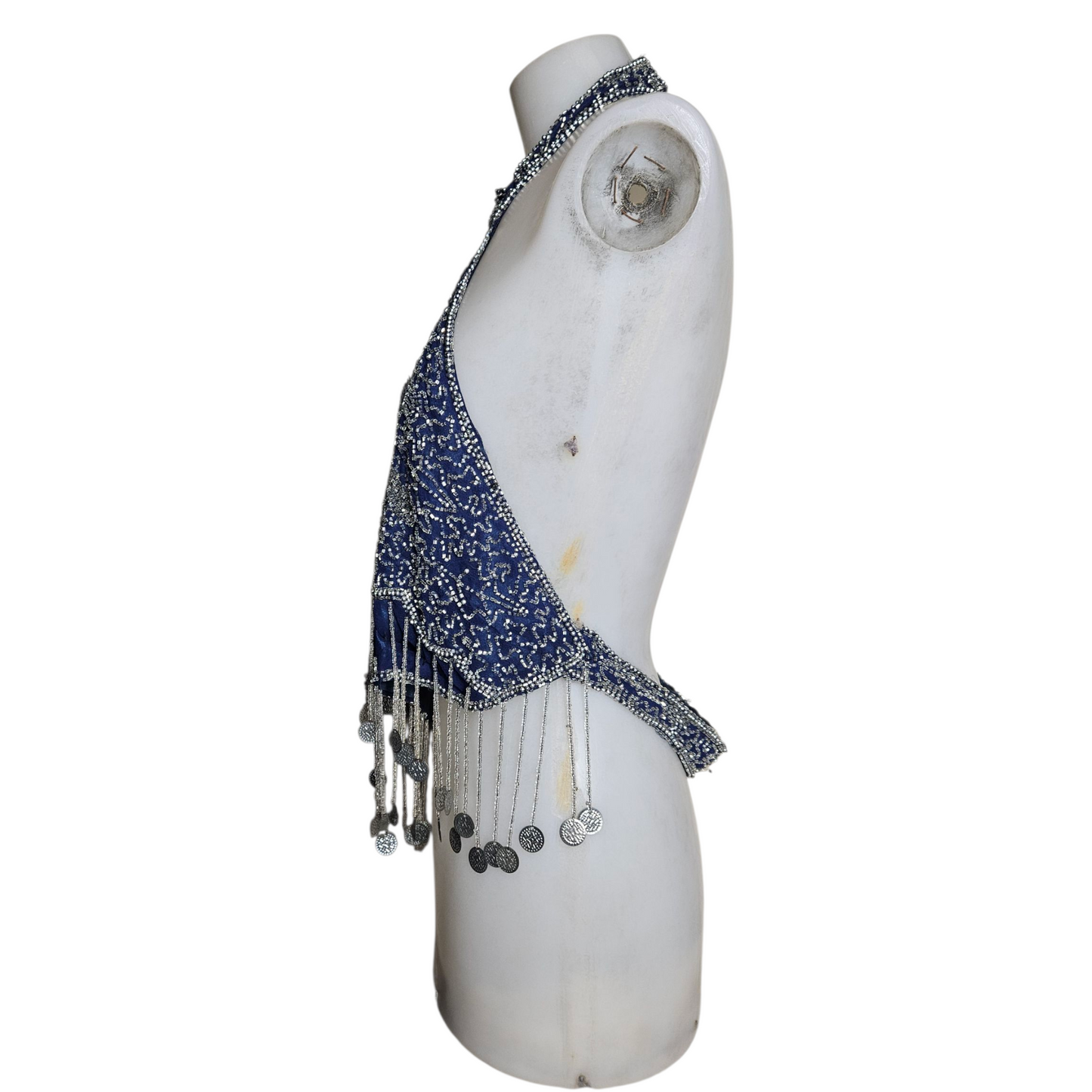 Dos nu bleu brodé de perles et sequins argentés