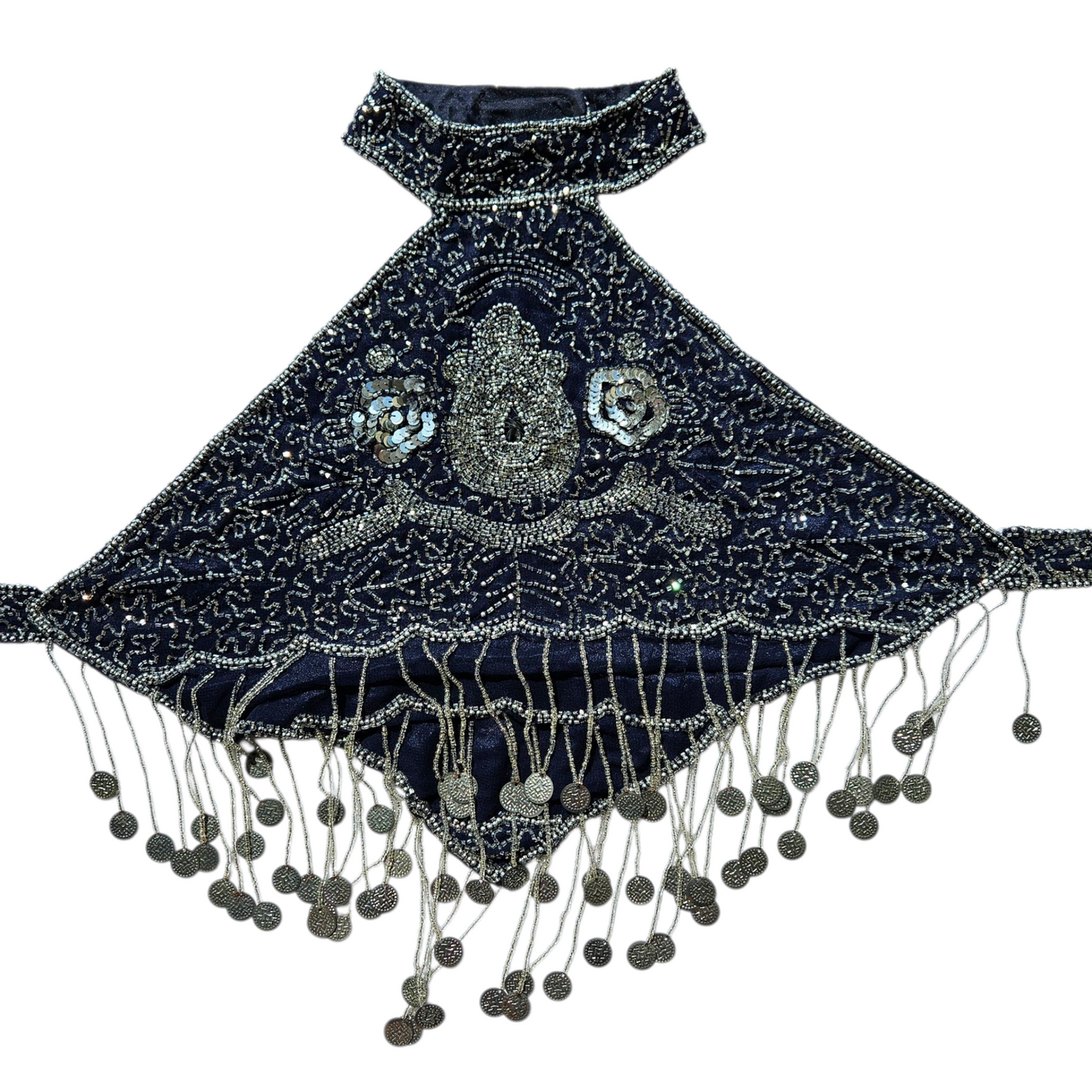 Dos nu bleu brodé de perles et sequins argentés
