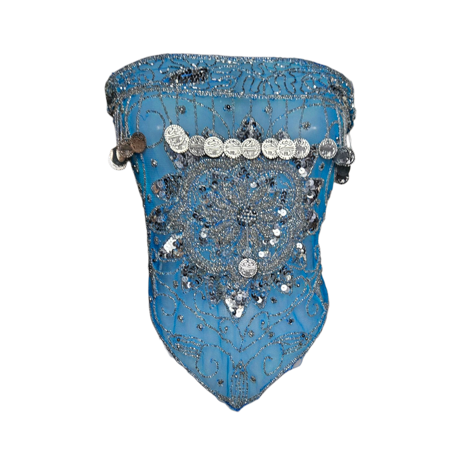 Belt in veil embroidered with blue and silver sequins