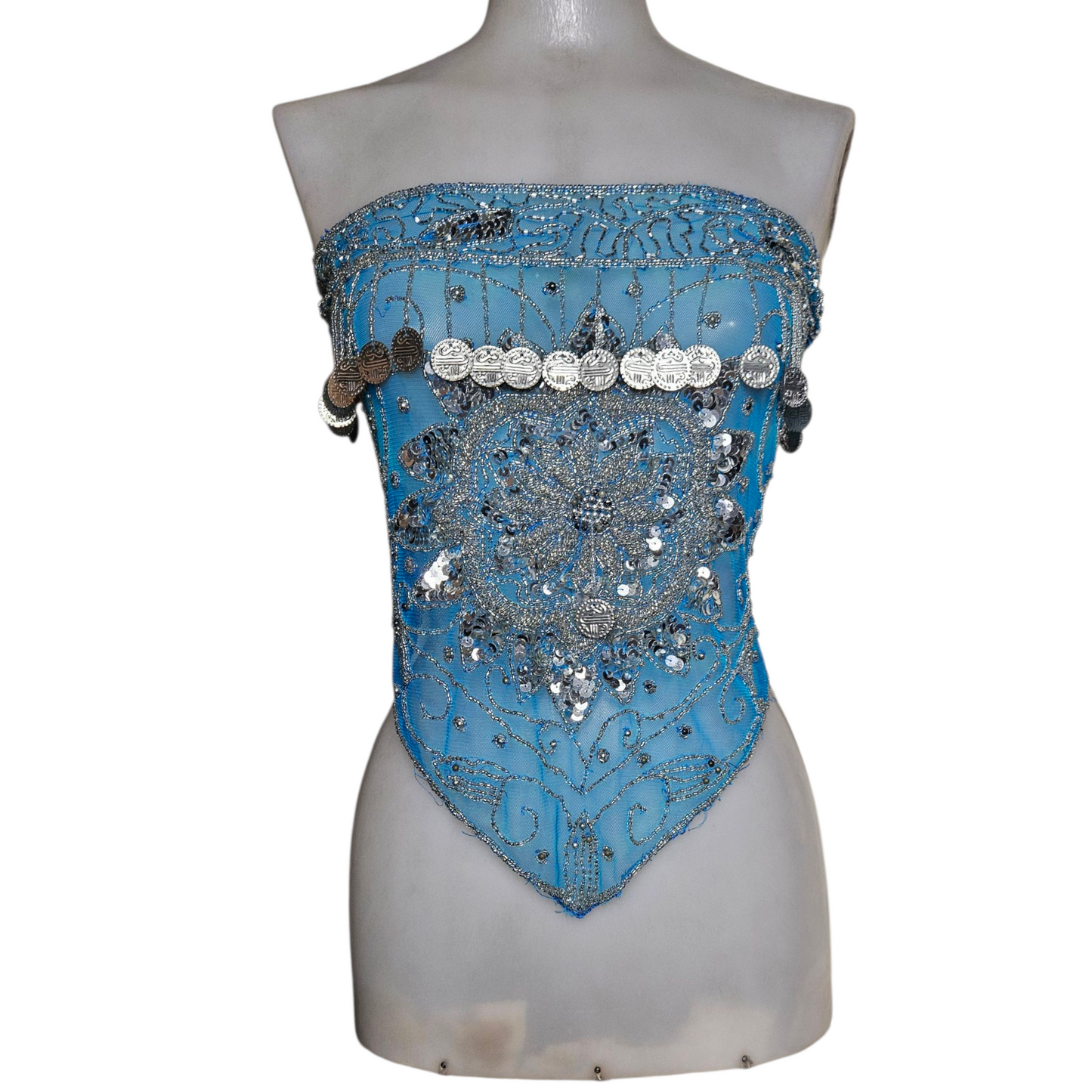 Belt in veil embroidered with blue and silver sequins