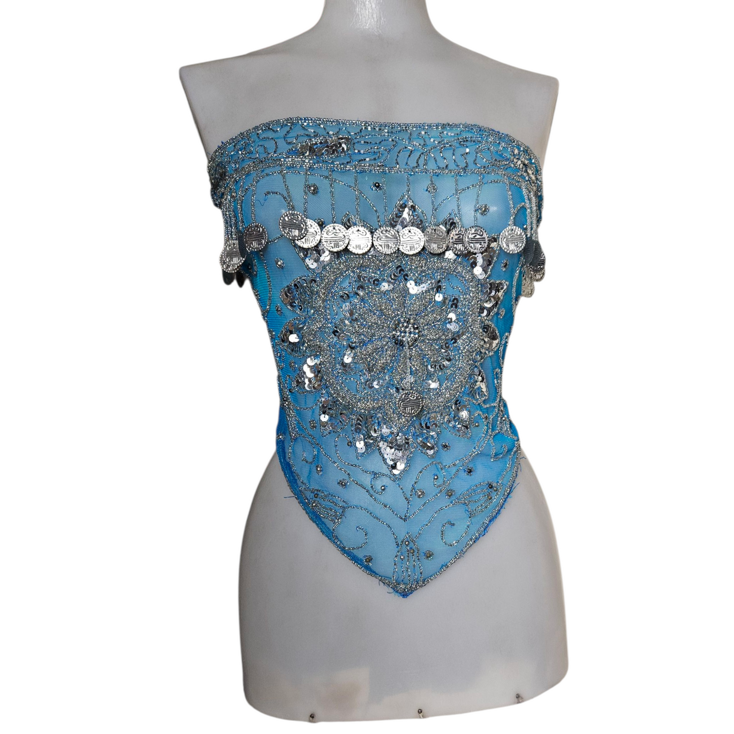 Belt in veil embroidered with blue and silver sequins
