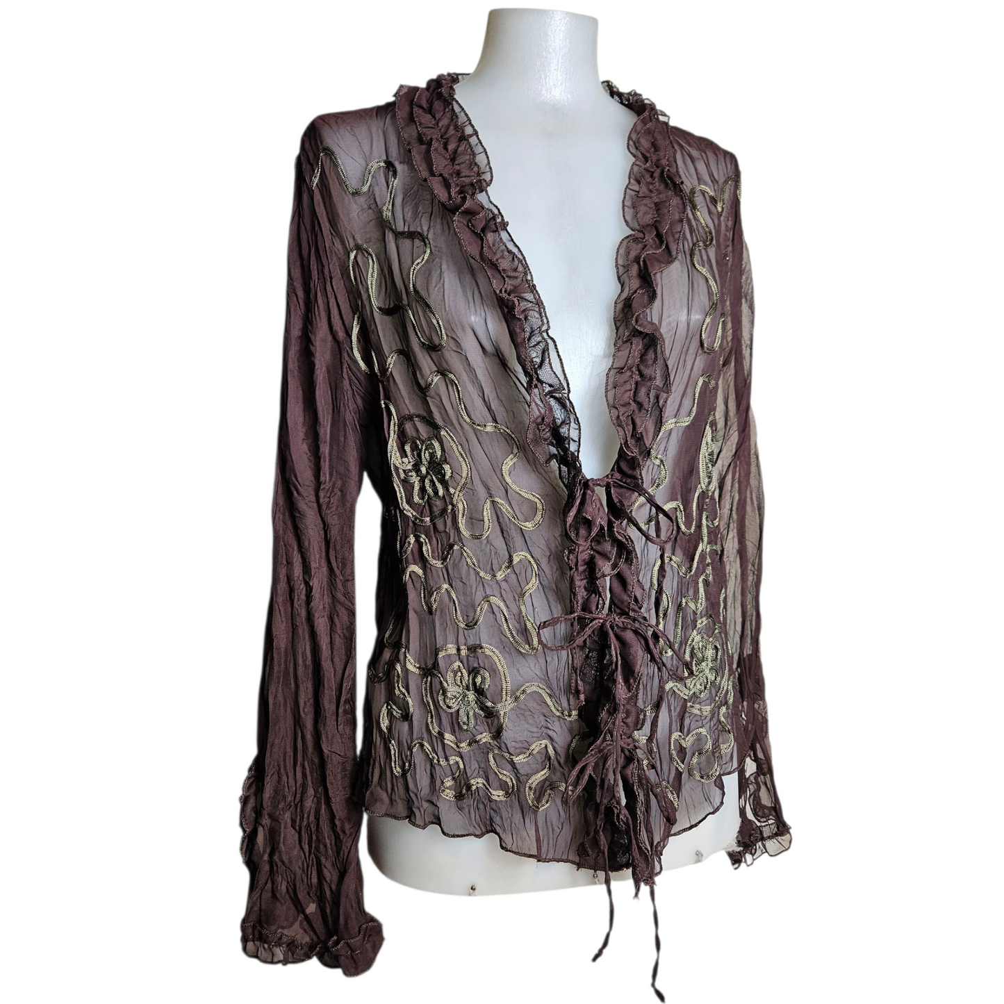 Embroidered brown voile blouse