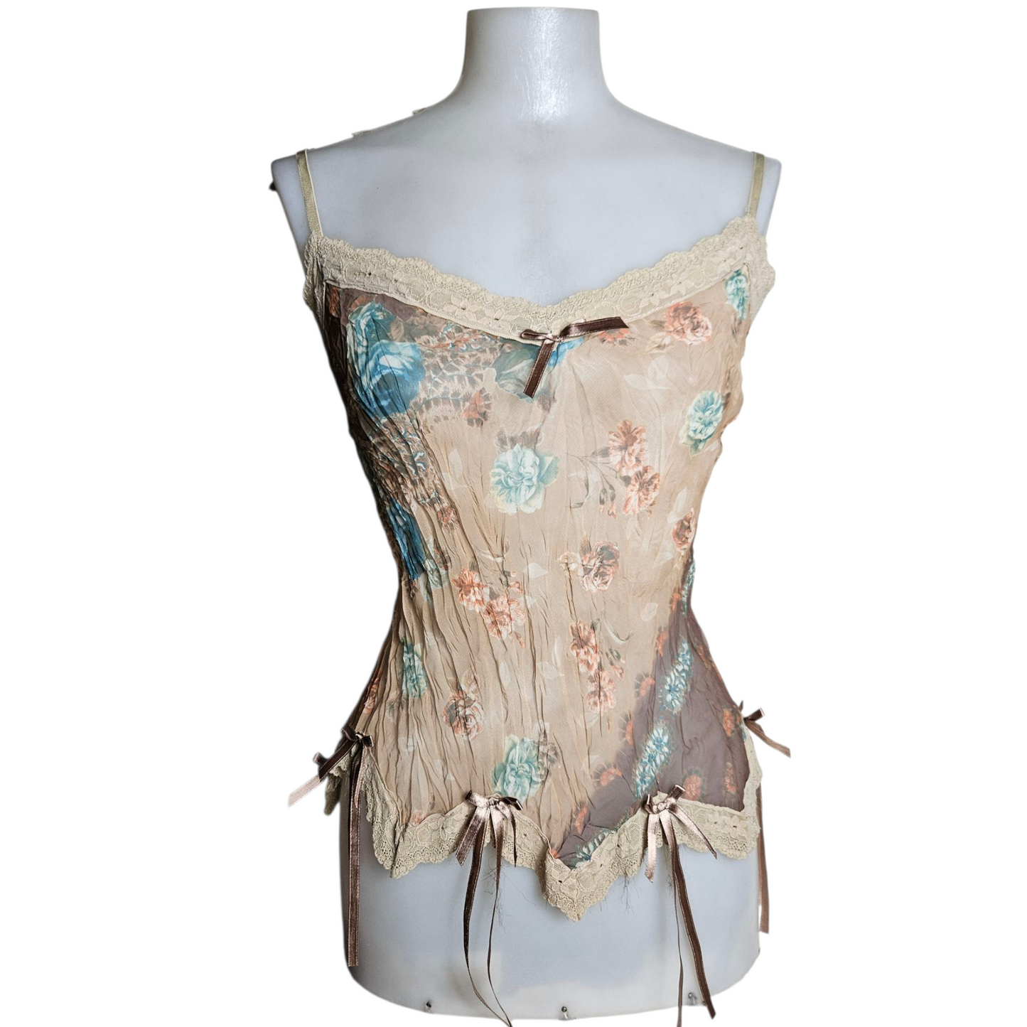 Asymmetrical voile top in beige and brown tones