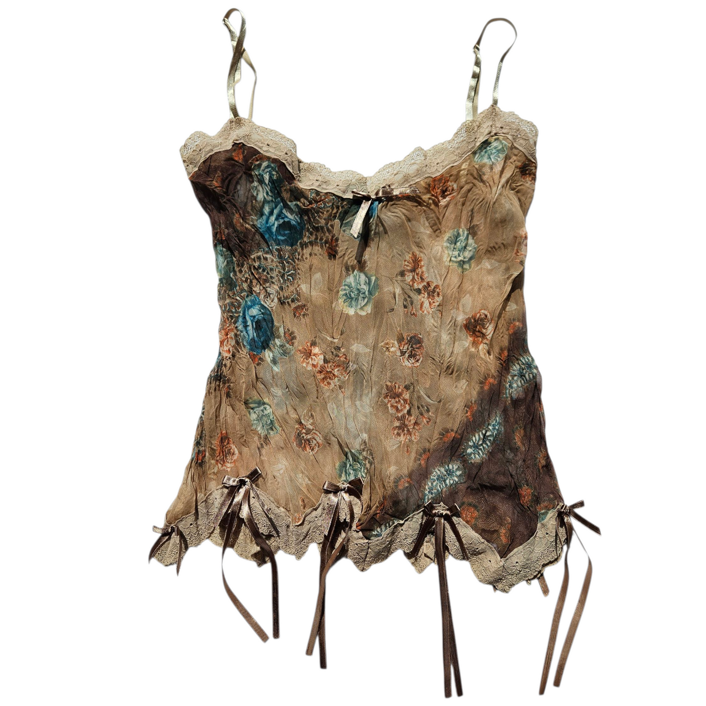 Asymmetrical voile top in beige and brown tones