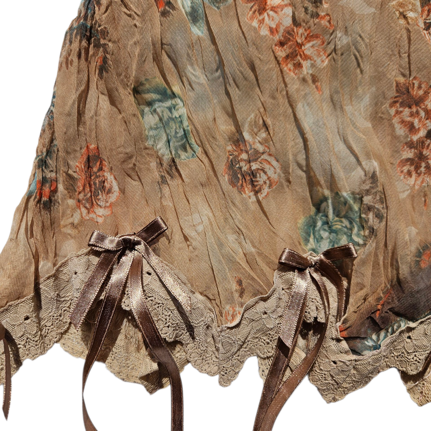 Asymmetrical voile top in beige and brown tones