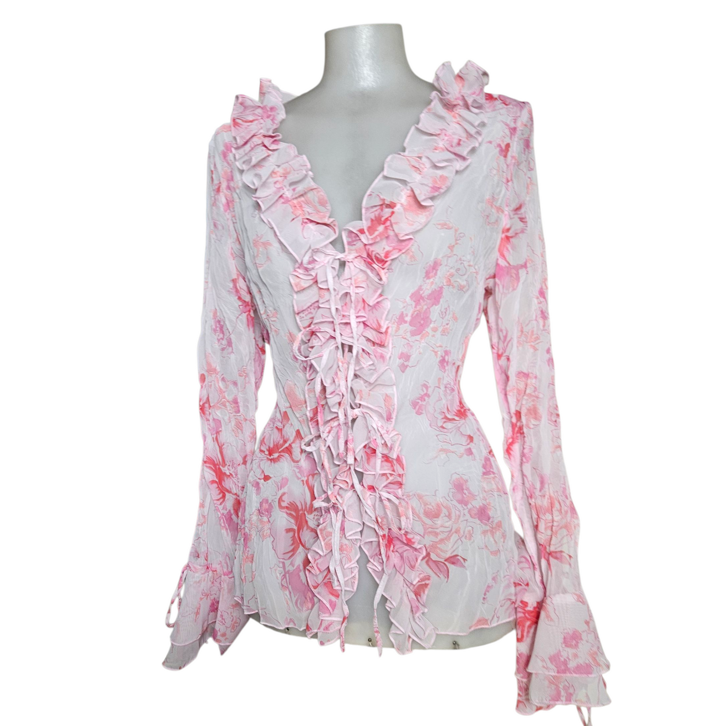 Floral pattern ruffled voile shirt