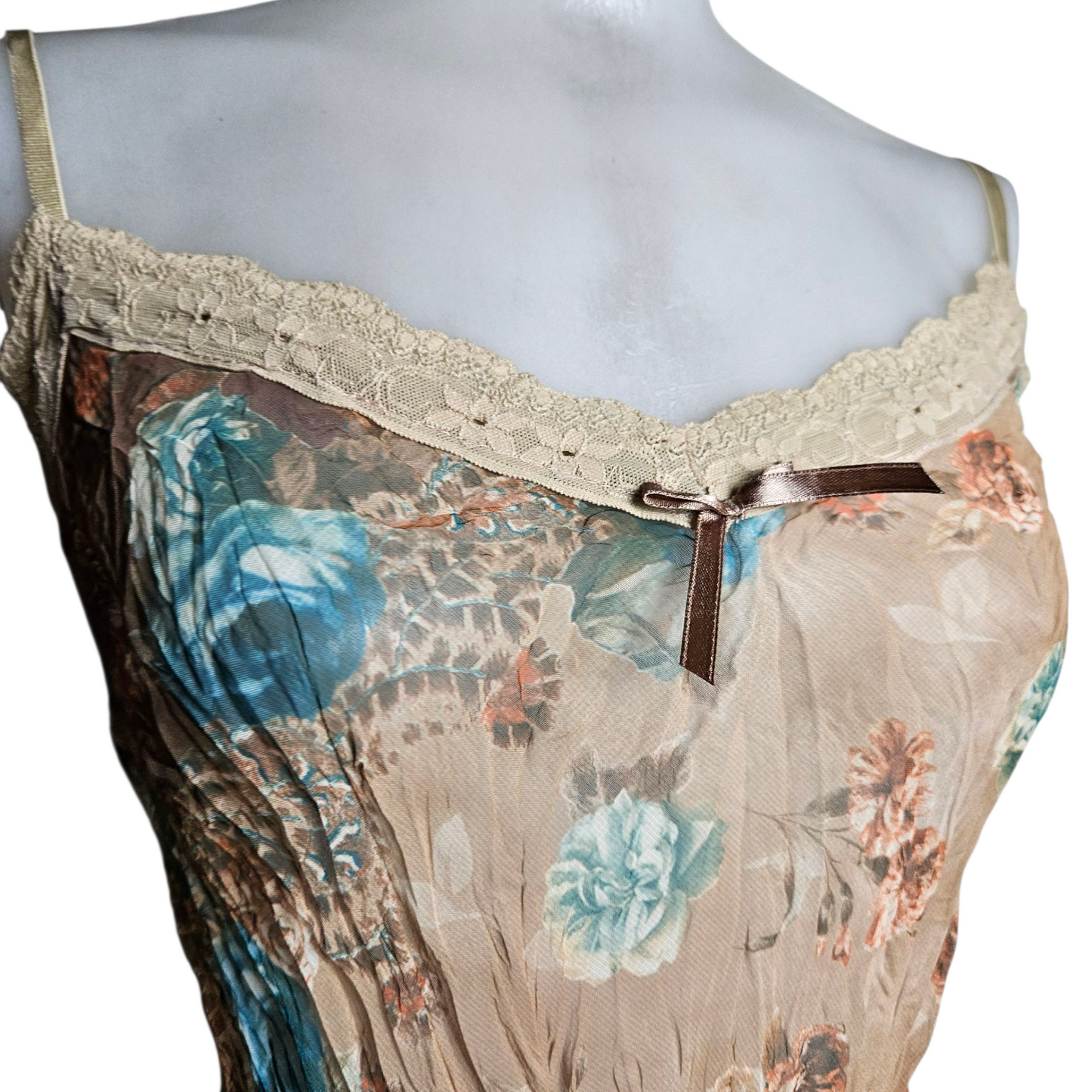 Asymmetrical voile top in beige and brown tones