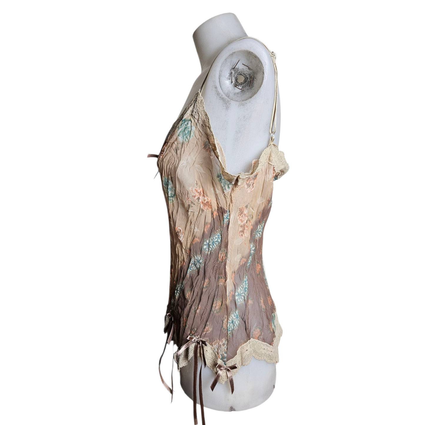 Asymmetrical voile top in beige and brown tones