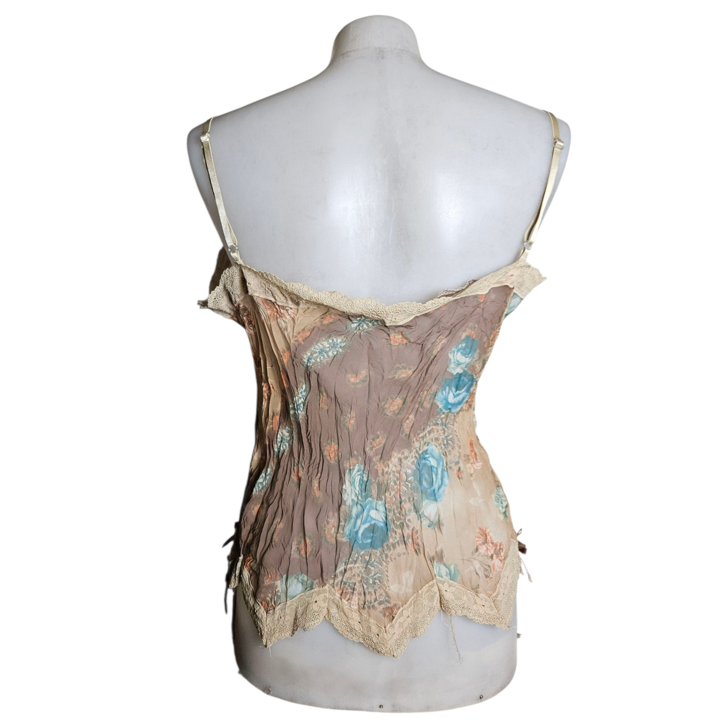 Asymmetrical voile top in beige and brown tones