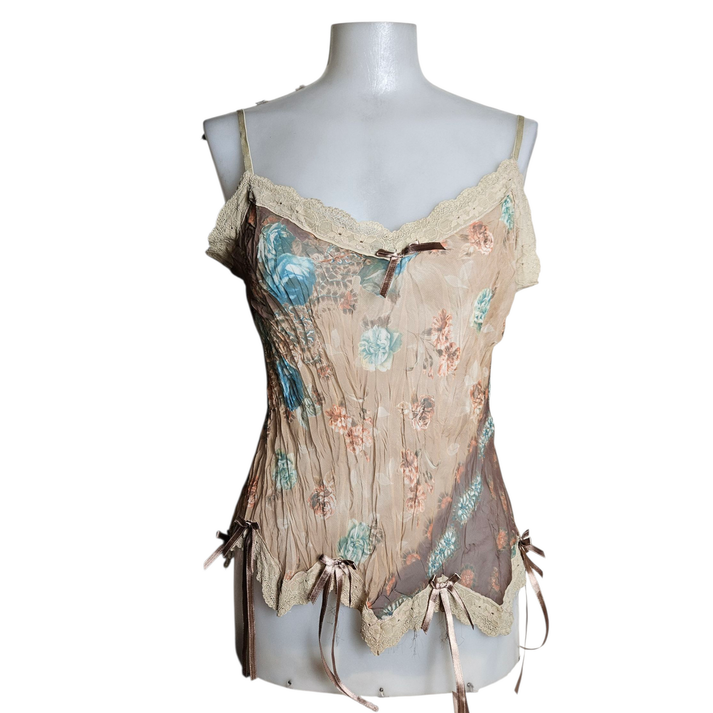 Asymmetrical voile top in beige and brown tones