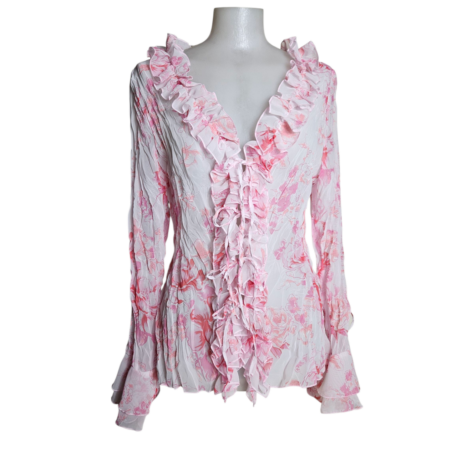 Floral pattern ruffled voile shirt