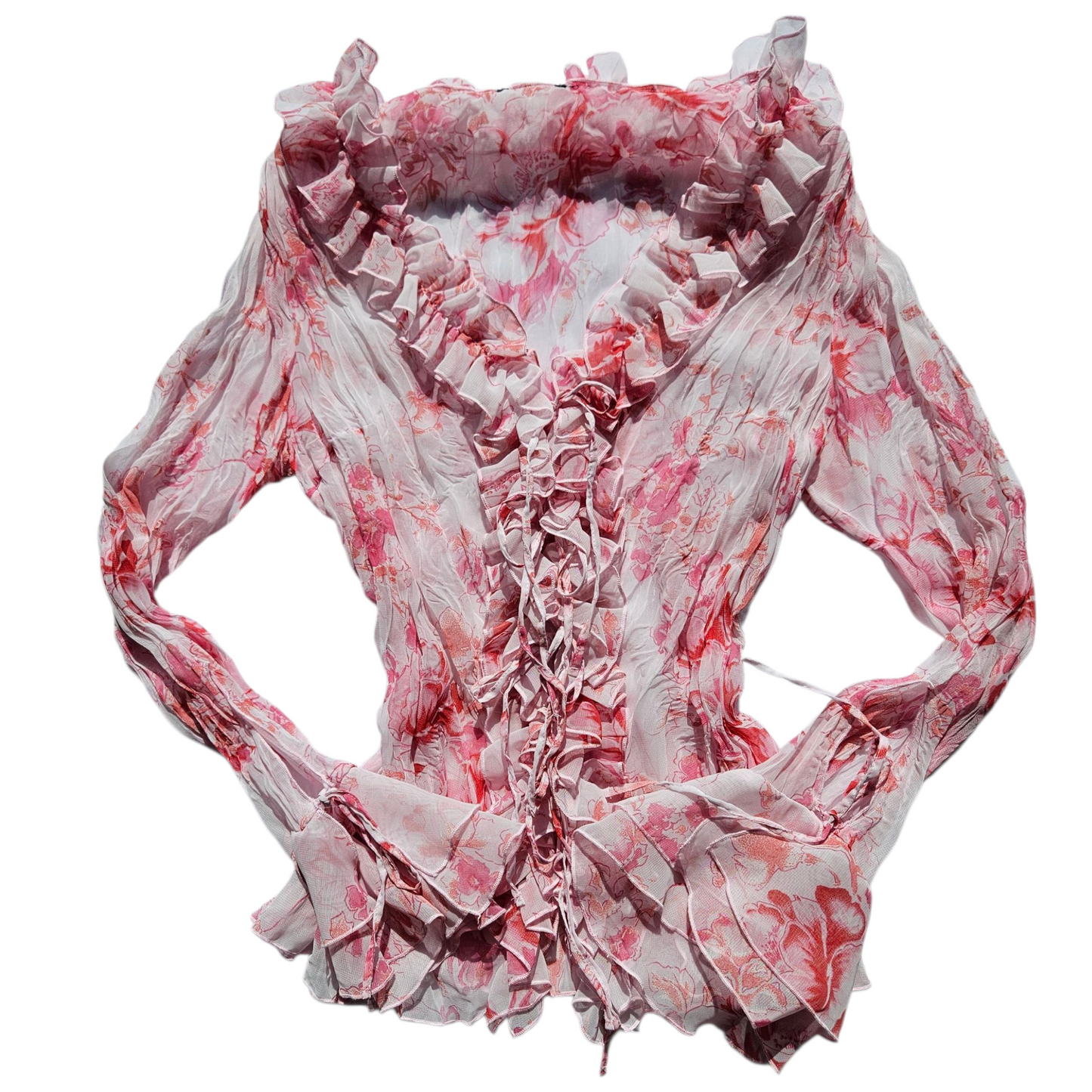 Floral pattern ruffled voile shirt