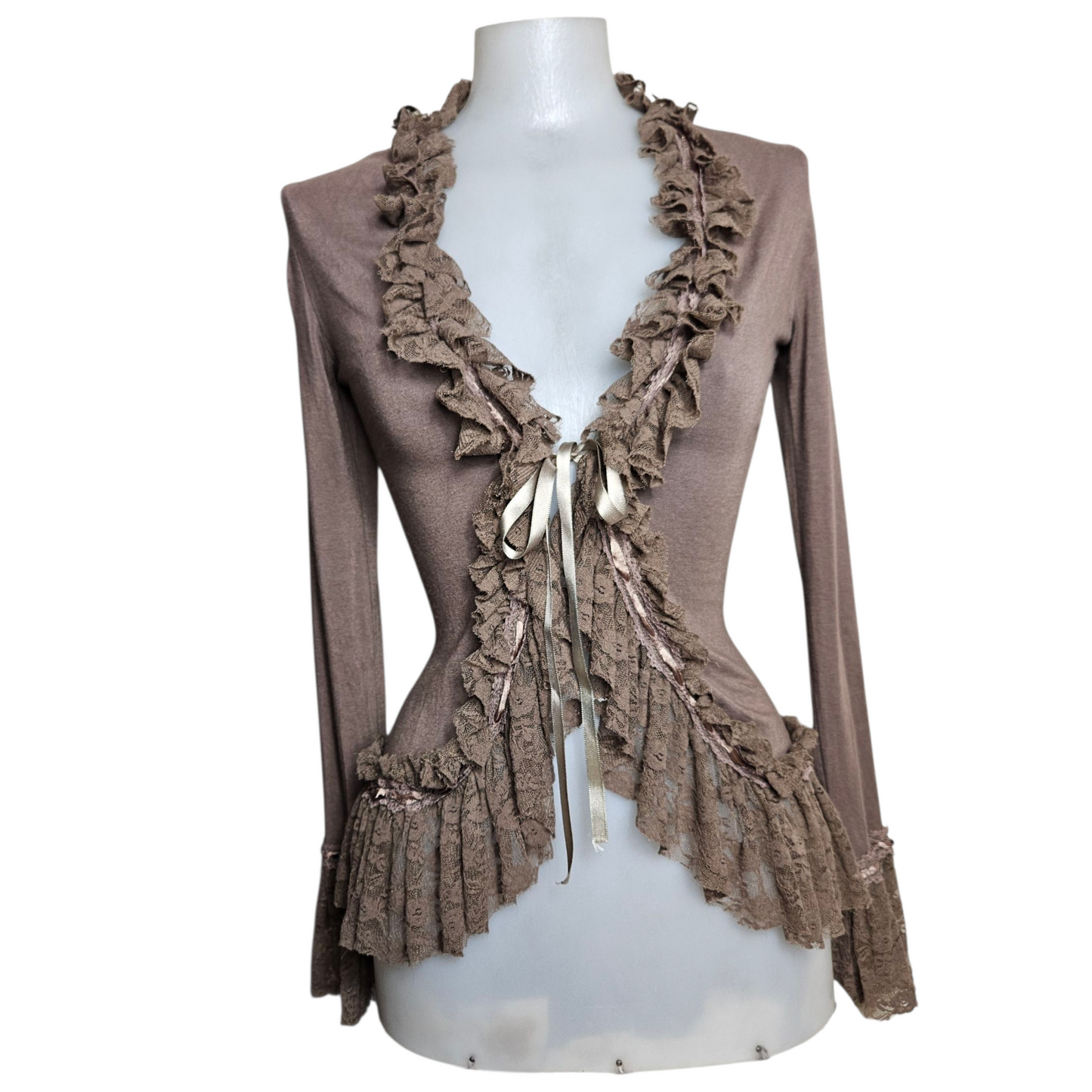 Brown cardigan with lace trim