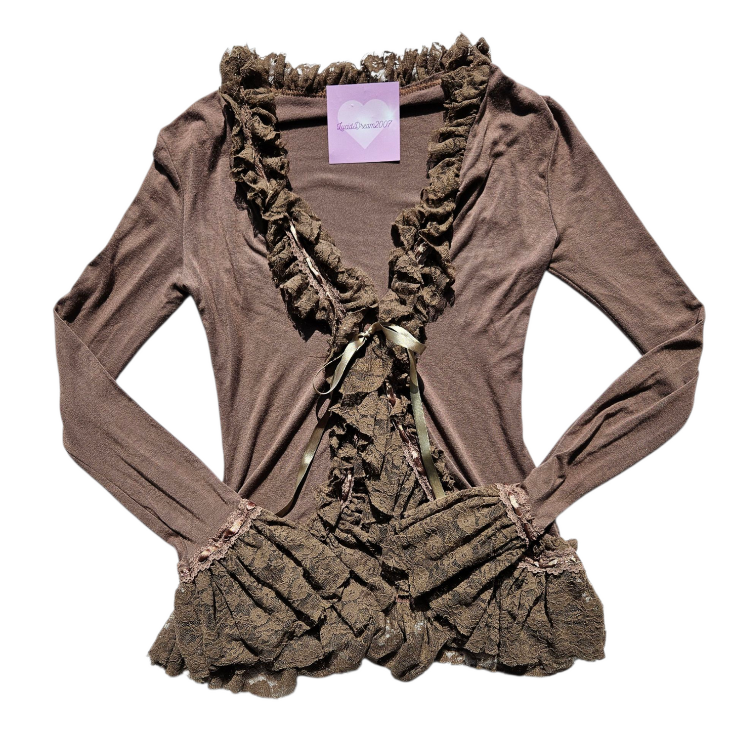 Brown cardigan with lace trim