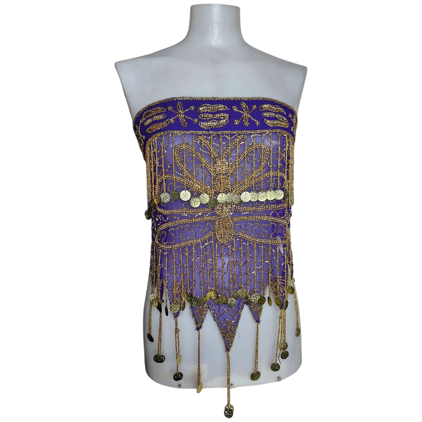 Purple veil belt decorated with pearls and gold sequins
