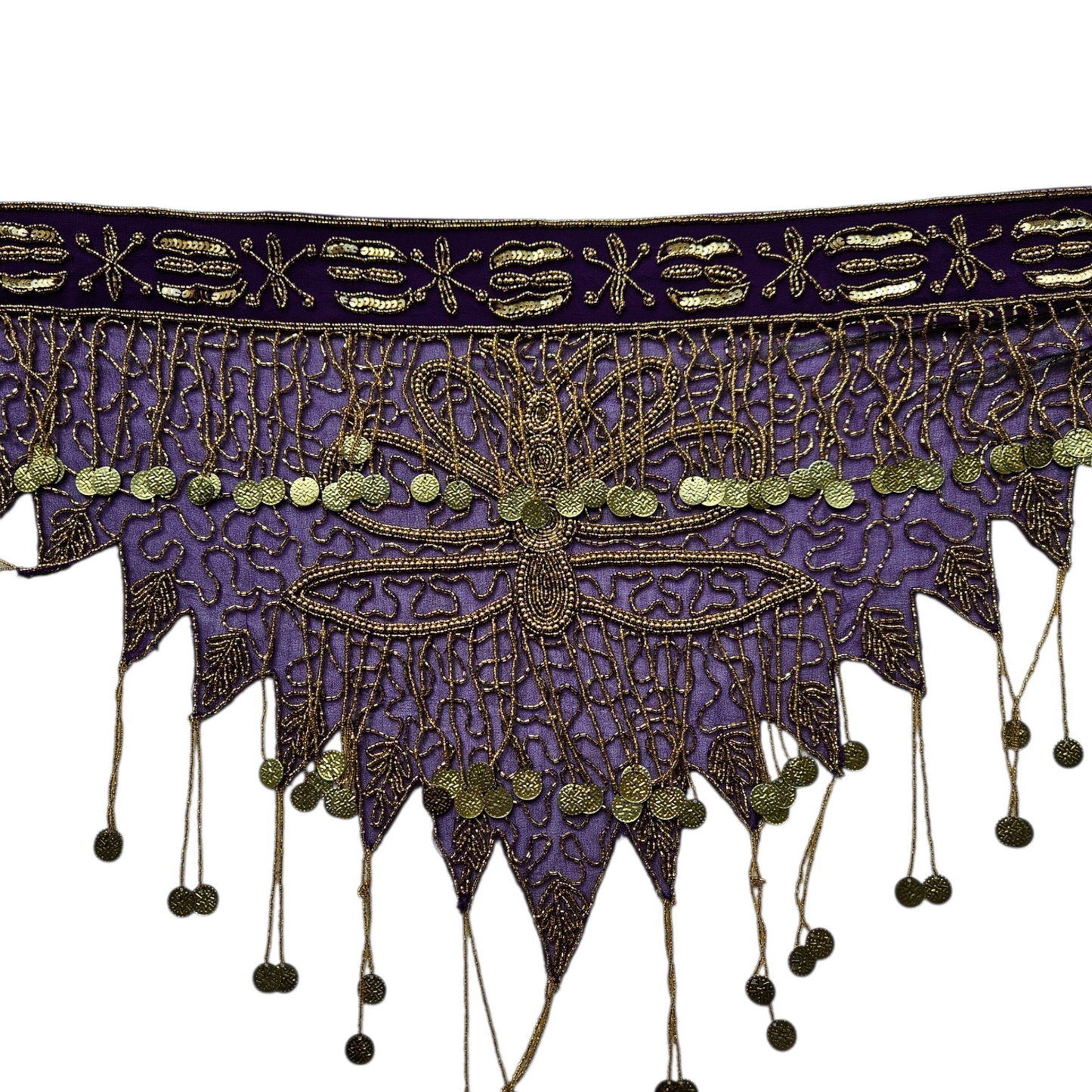 Purple veil belt decorated with pearls and gold sequins
