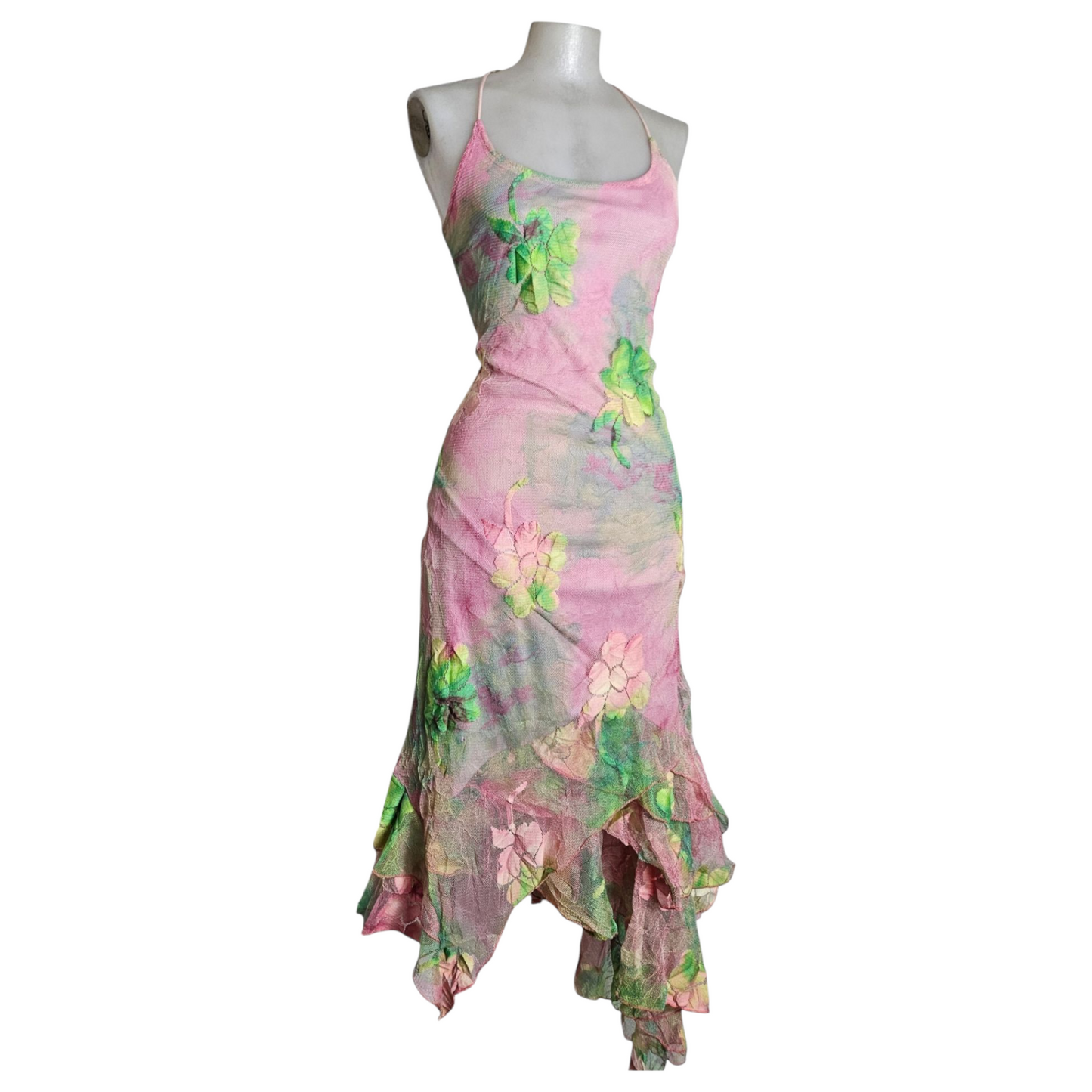 Robe en dentelle florale rose et verte