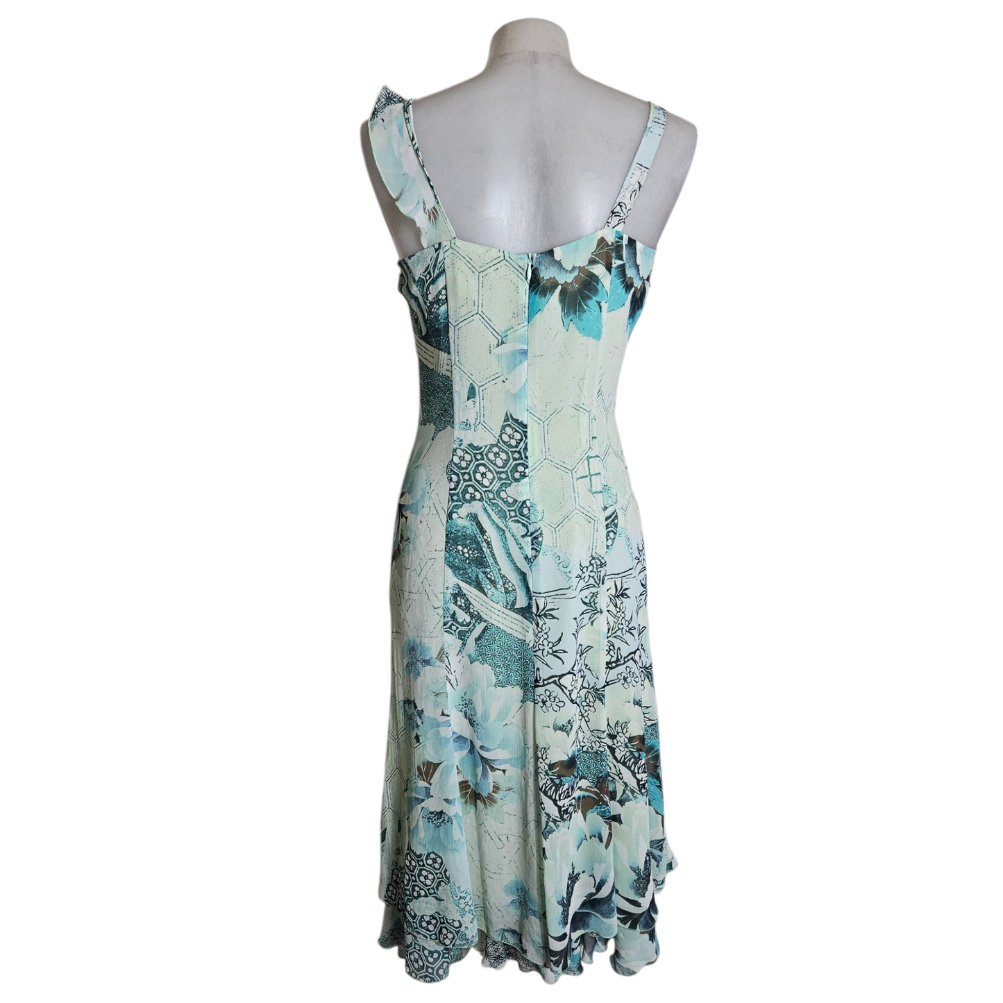 Asymmetrical voile dress in blue tones