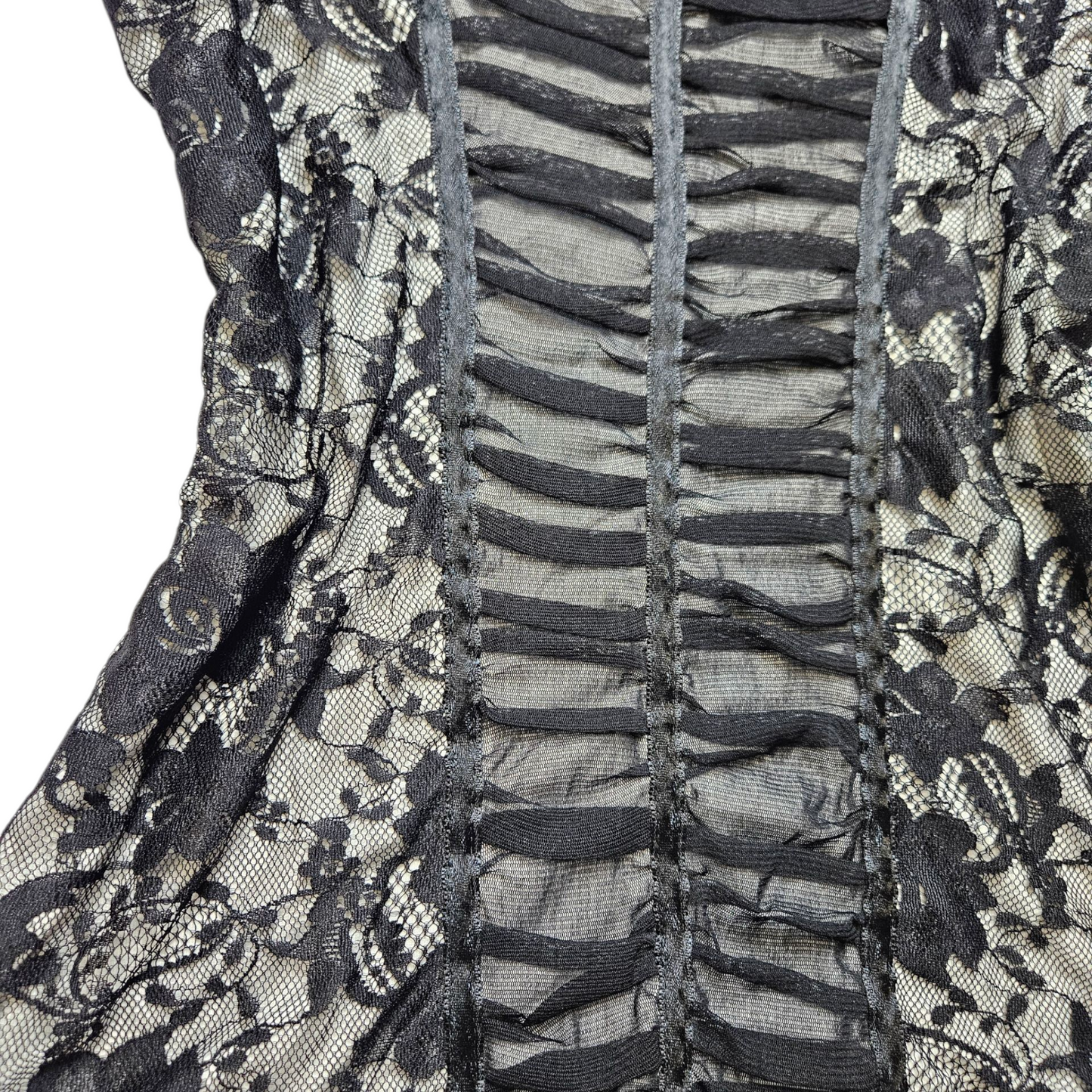 Corset-style top in gray and black voile