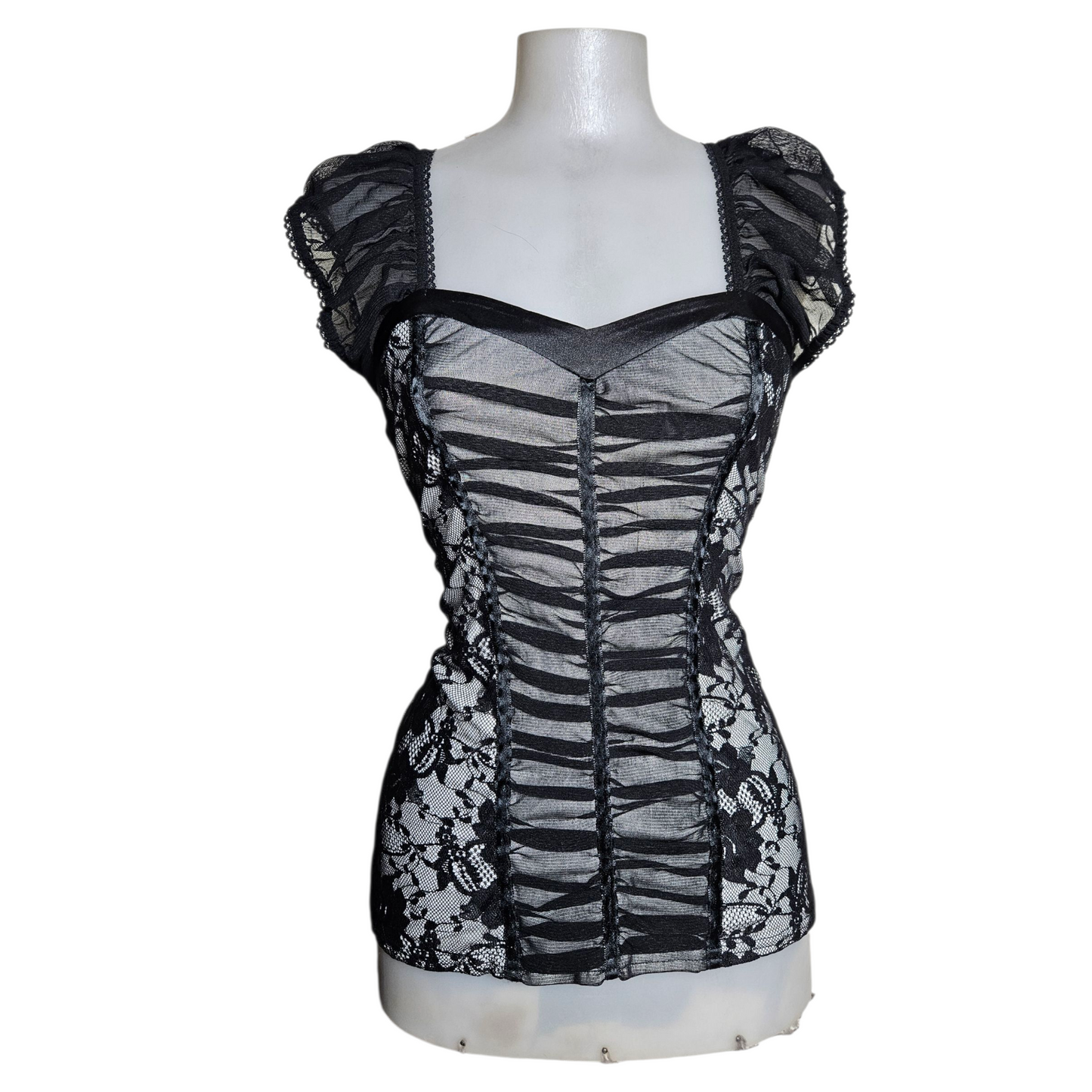 Corset-style top in gray and black voile