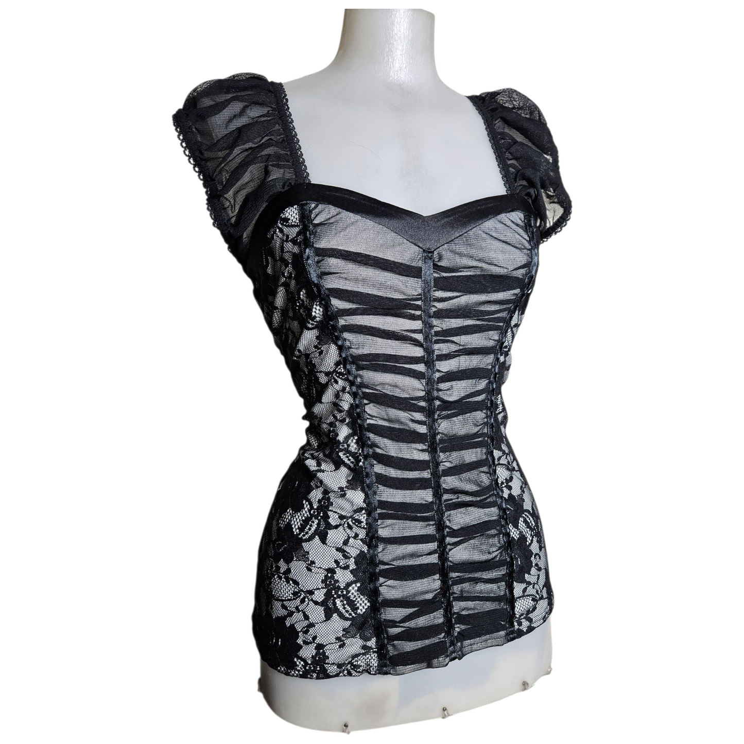 Corset-style top in gray and black voile
