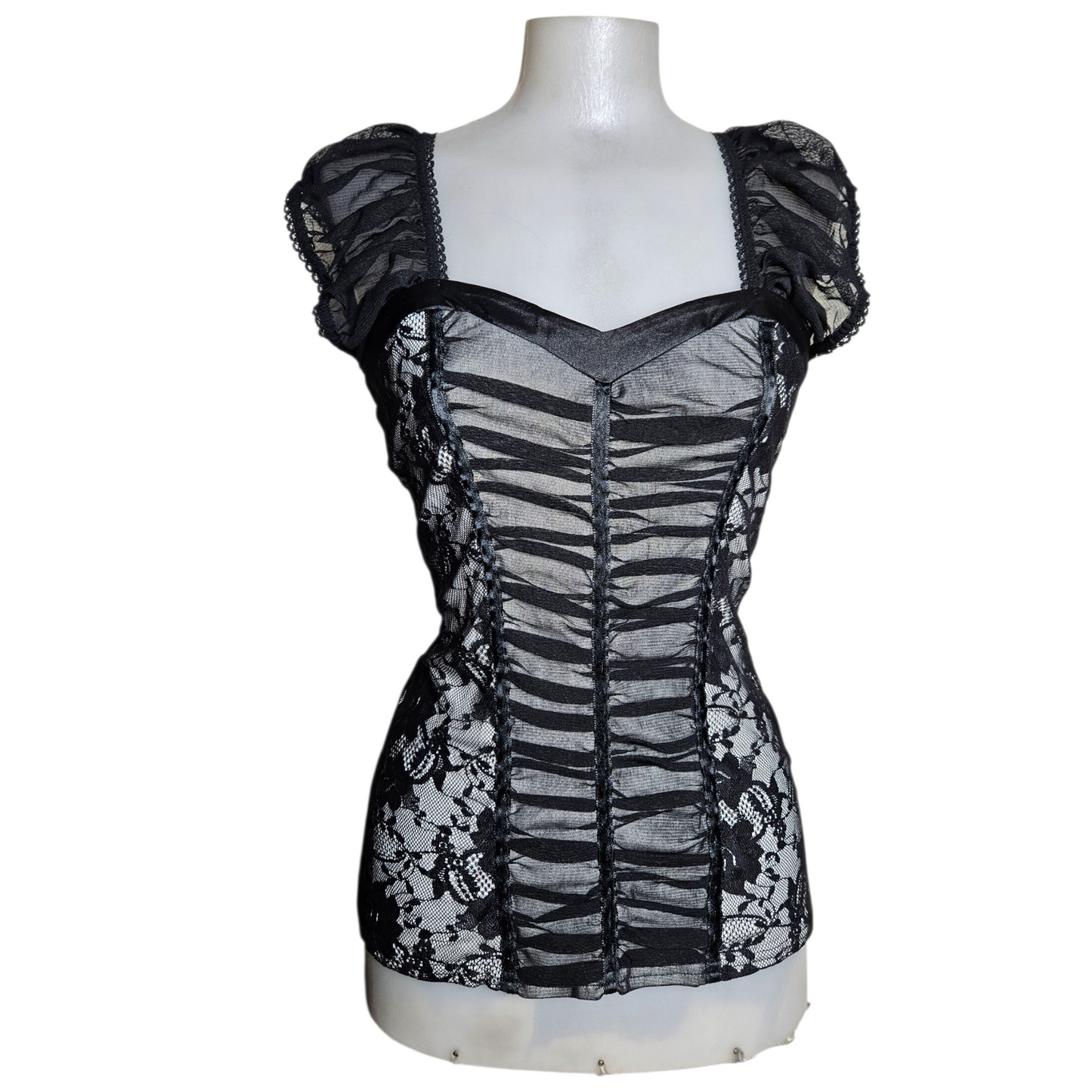 Corset-style top in gray and black voile