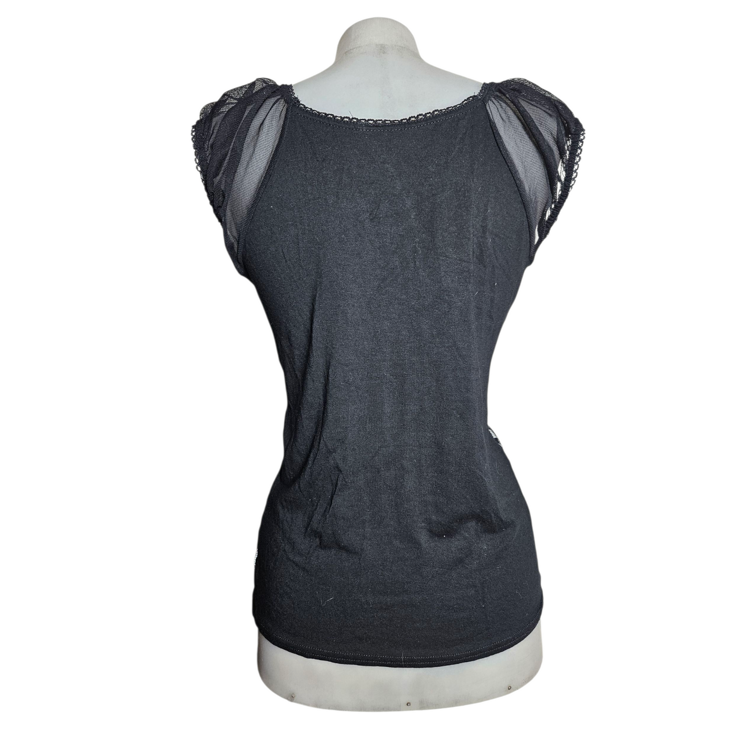 Corset-style top in gray and black voile