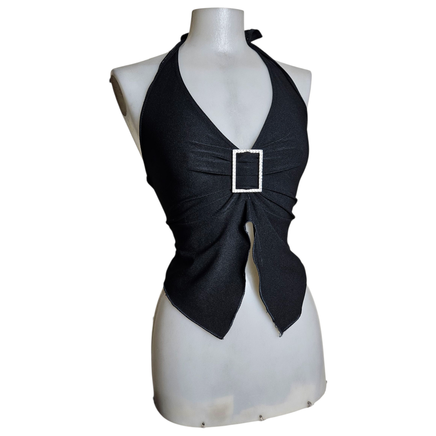 Black open back with silver buckle details