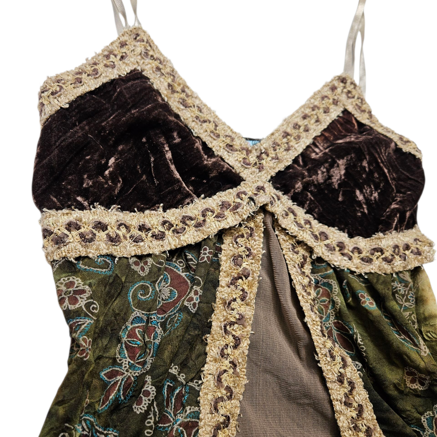 Multi-material fairycore top in brown and green tones