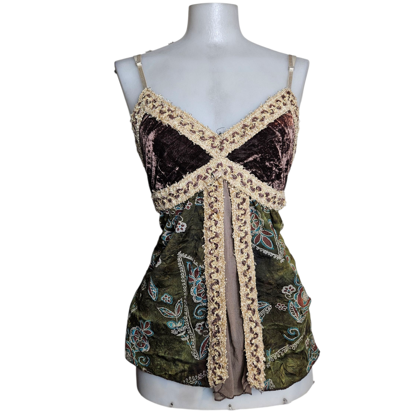 Multi-material fairycore top in brown and green tones