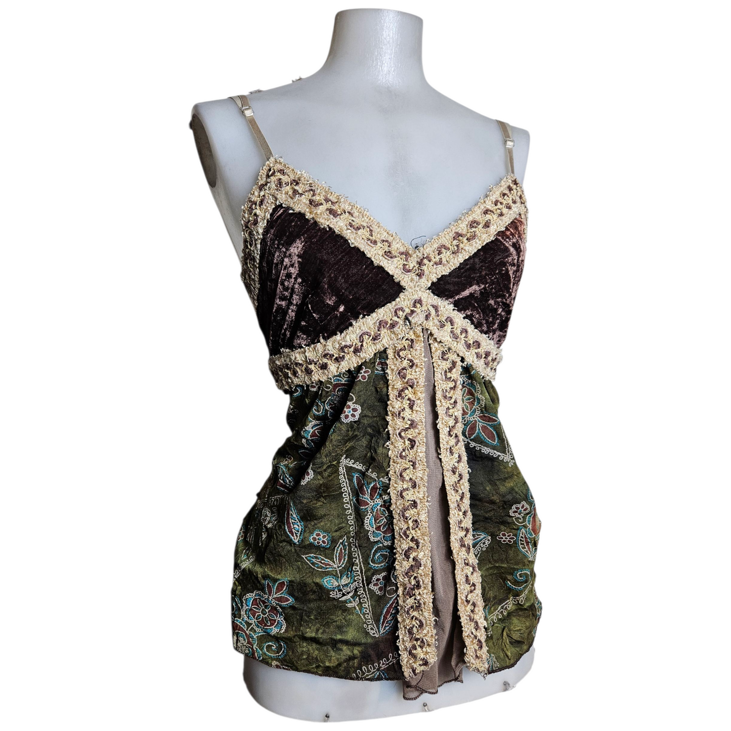 Multi-material fairycore top in brown and green tones
