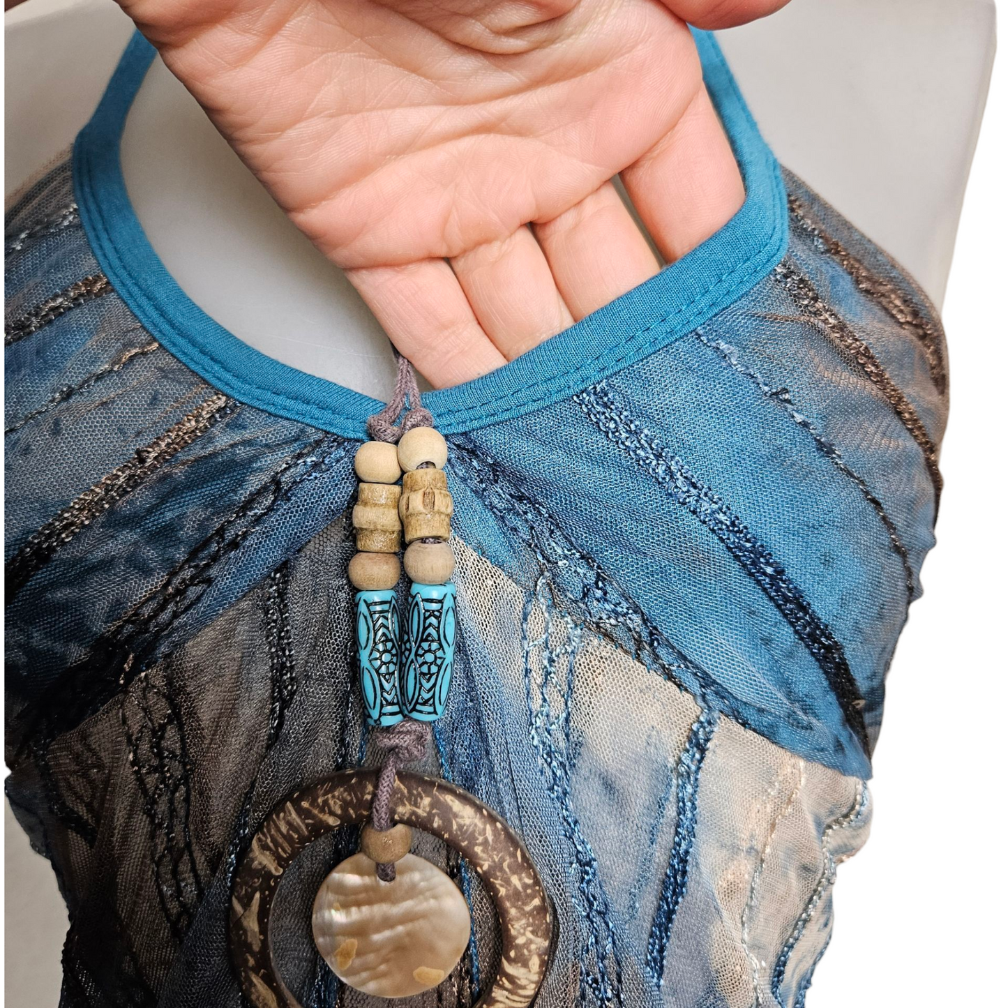 Blue and brown voile open back