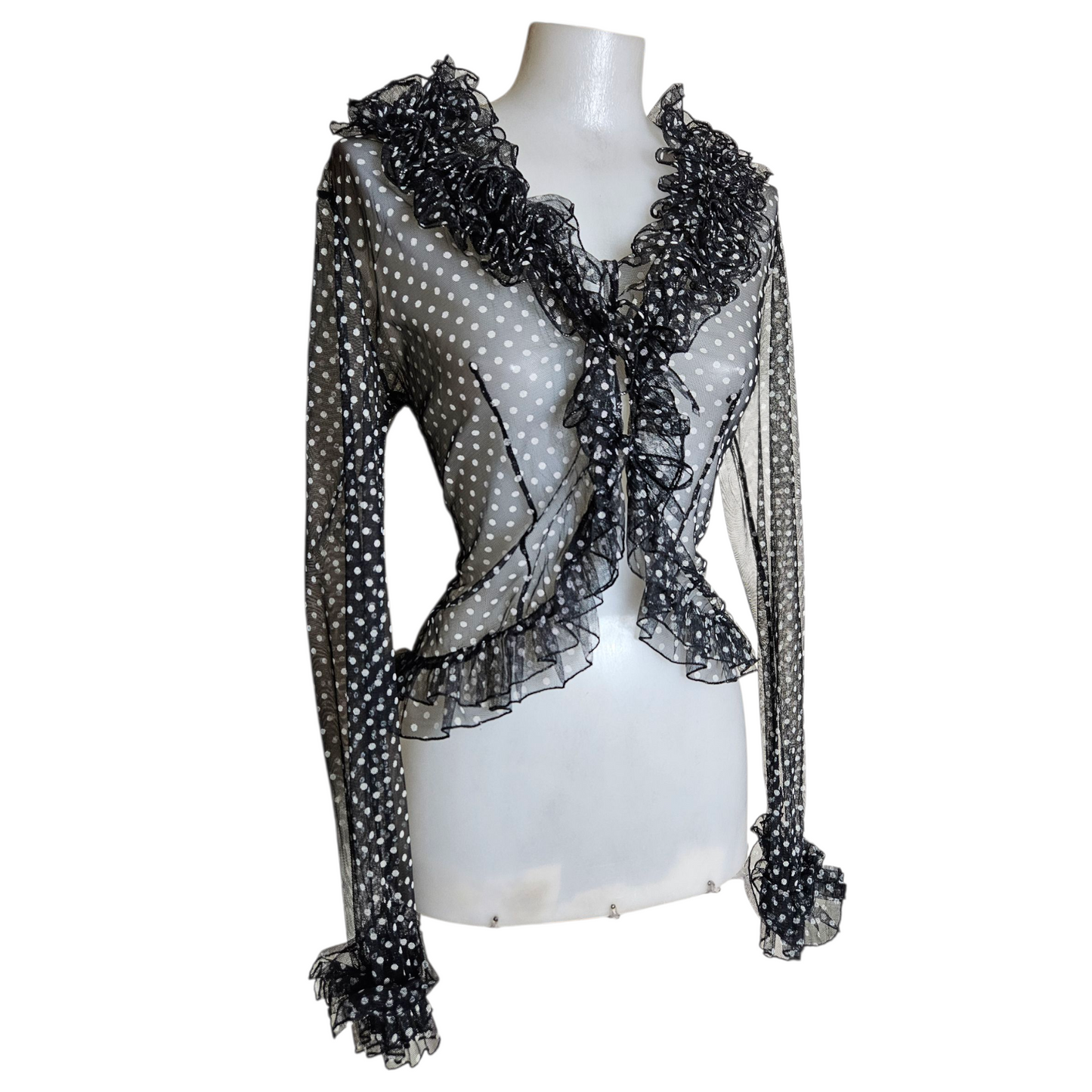 Polka dot ruffled voile blouse