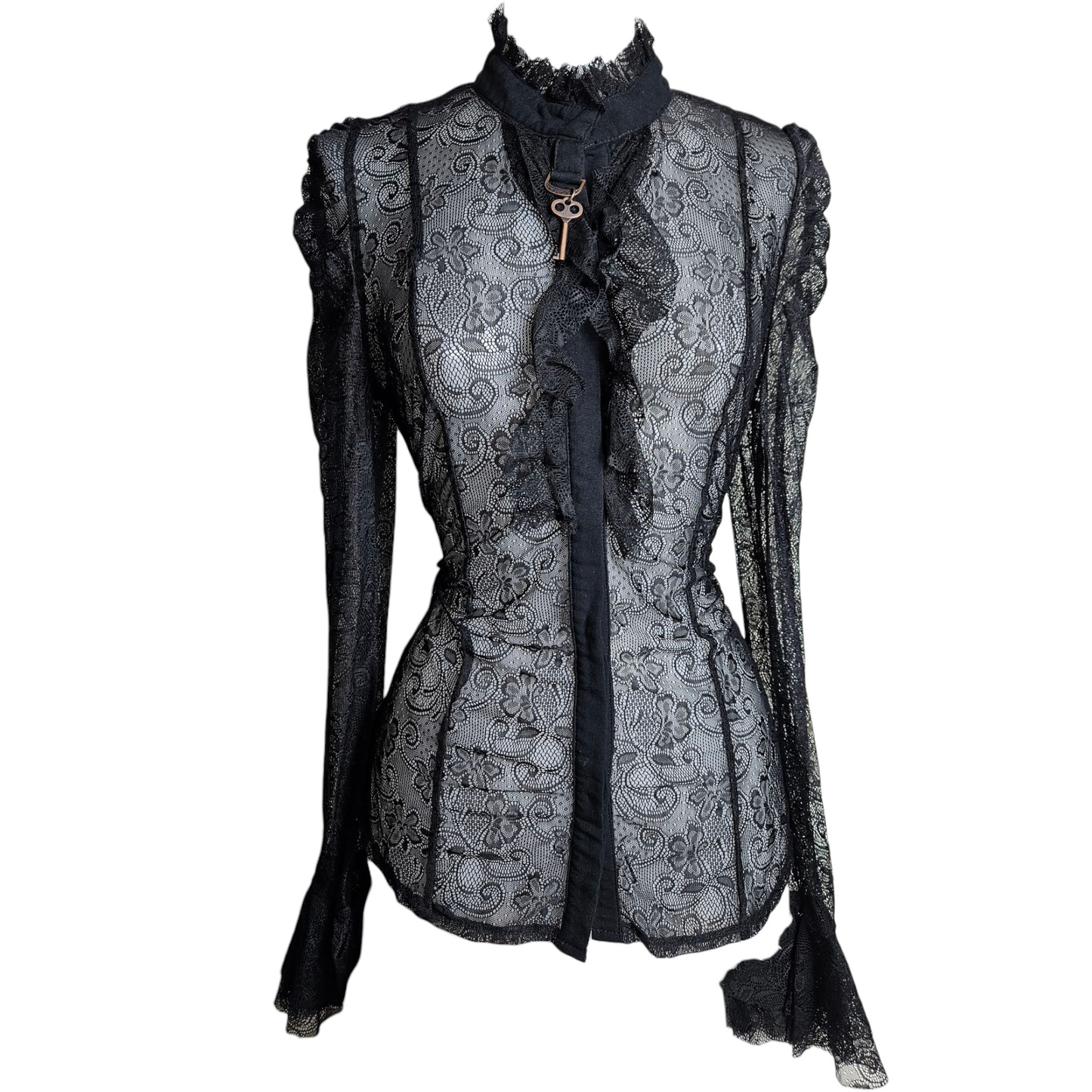 Black lace blouse with key buckle