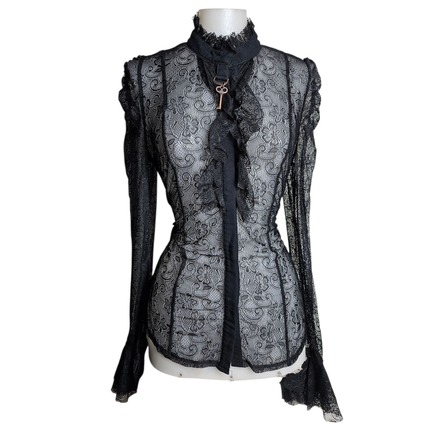 Black lace blouse with key buckle