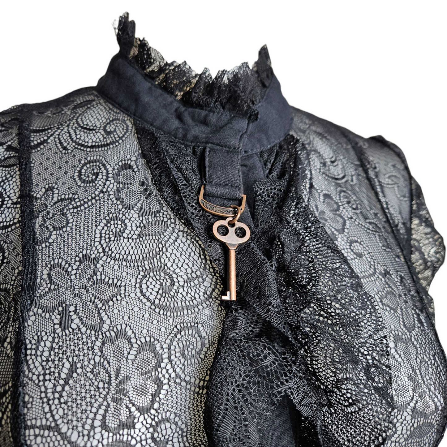Black lace blouse with key buckle