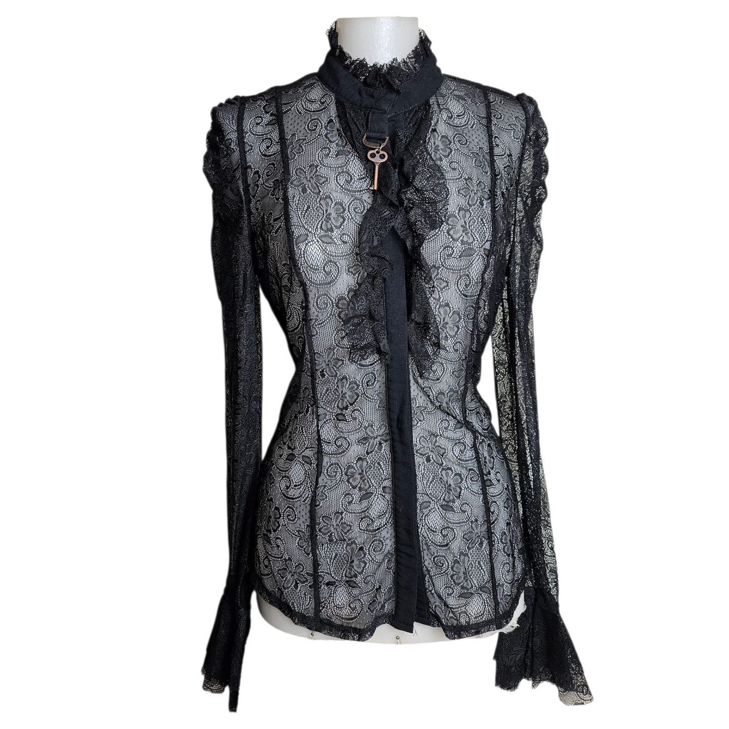 Black lace blouse with key buckle