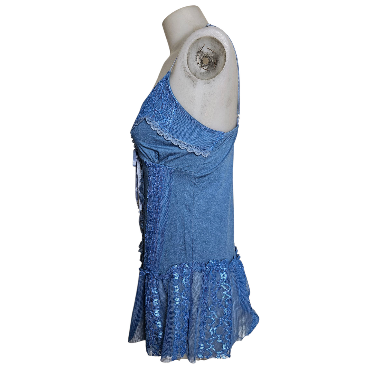 Blue asymmetrical top with lace and lacing
