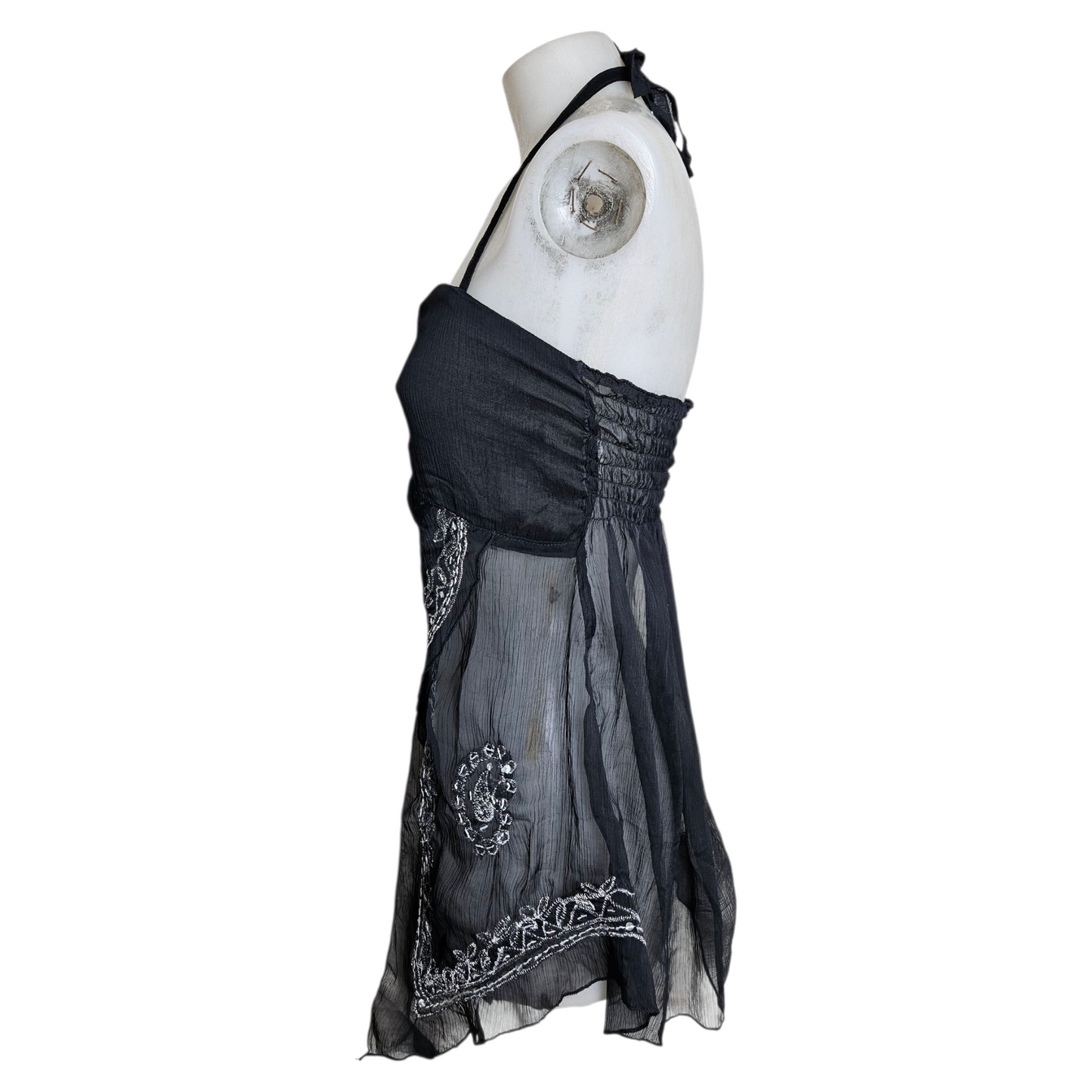 Asymmetrical backless top in embroidered voile