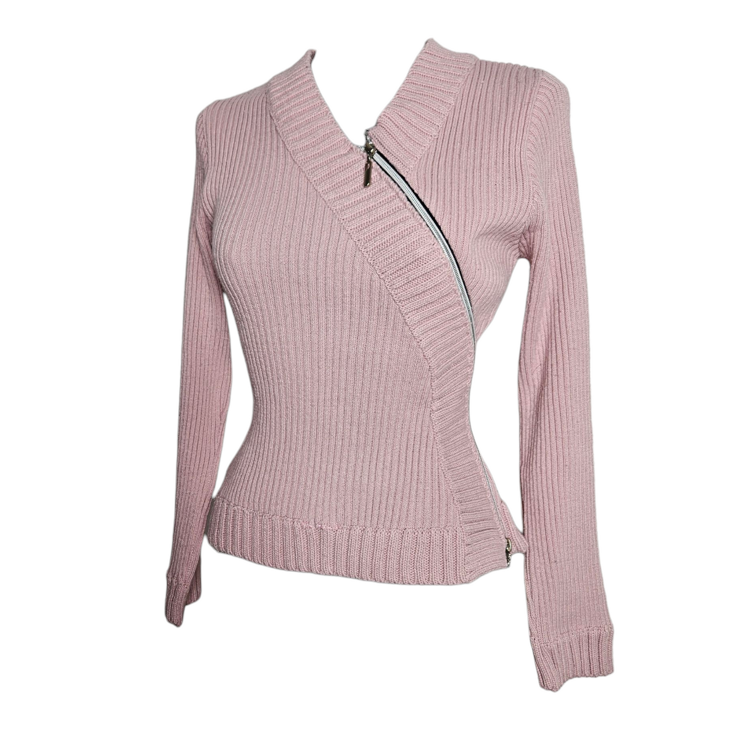 Pull côtelé rose à zip