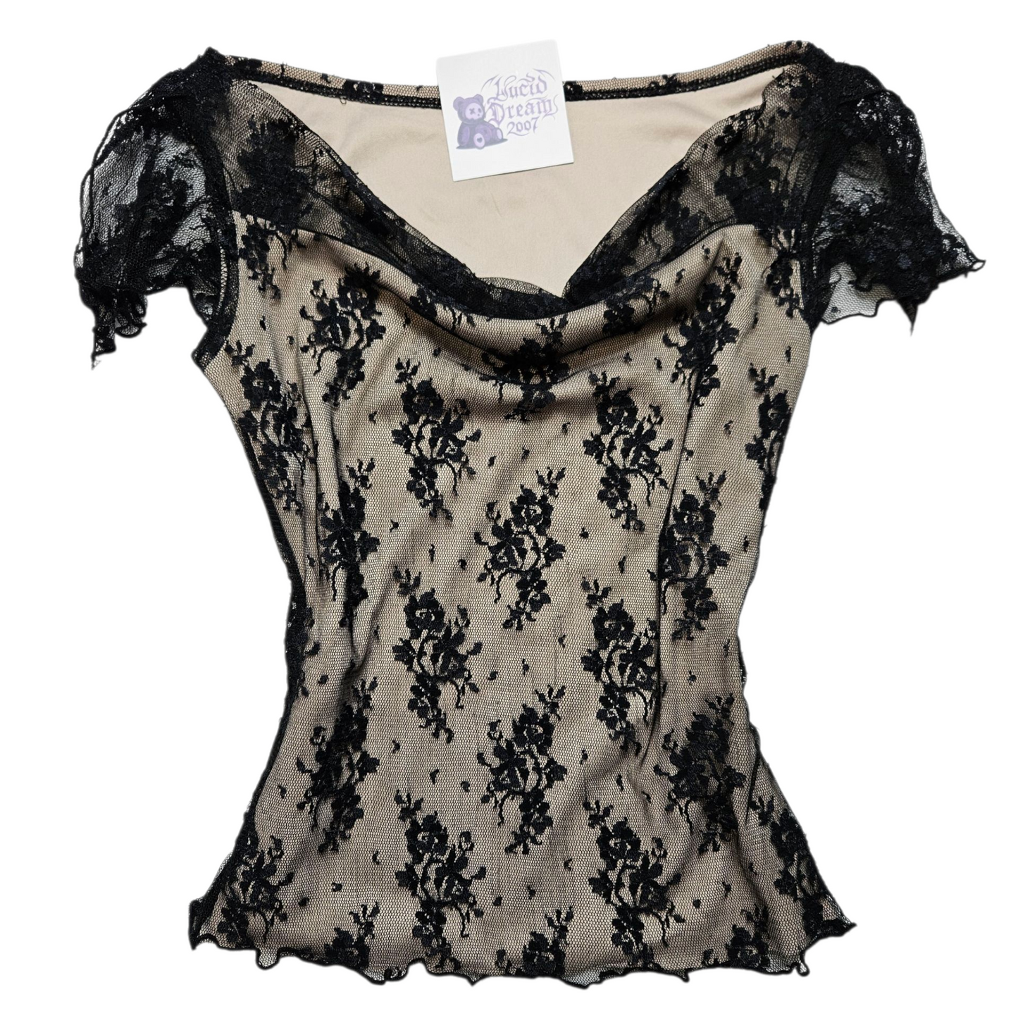 Haut en dentelle noire doublure beige