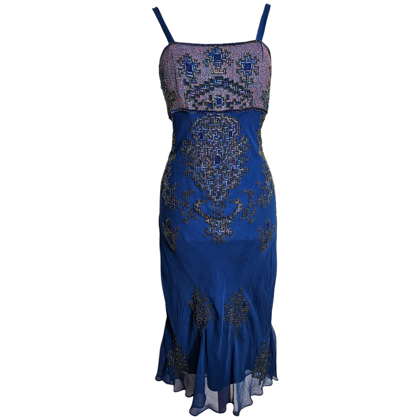 Robe vintage Aftershock bleu cobalt perlée, pièce unique au style Y2K et fairycore. Une robe iconique aux détails brodés pour une allure rare.