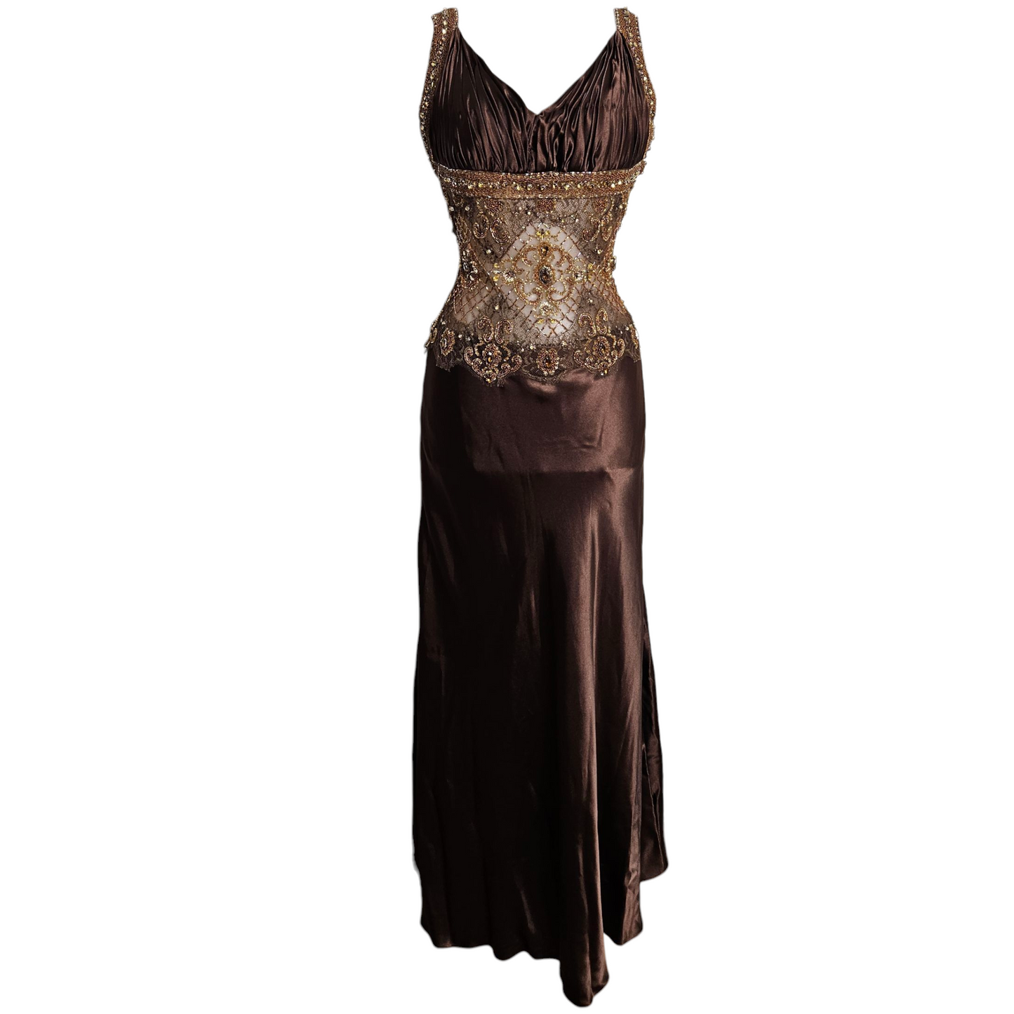 Robe marron en satin et perles