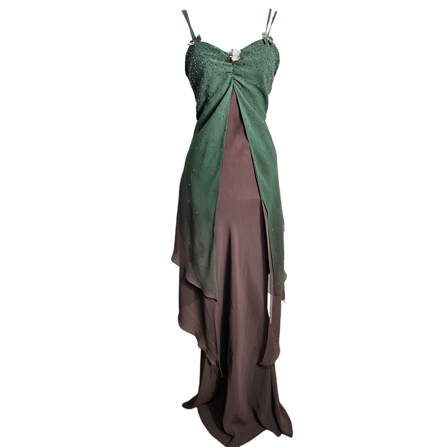 Embroidered dress in shades of green and brown
